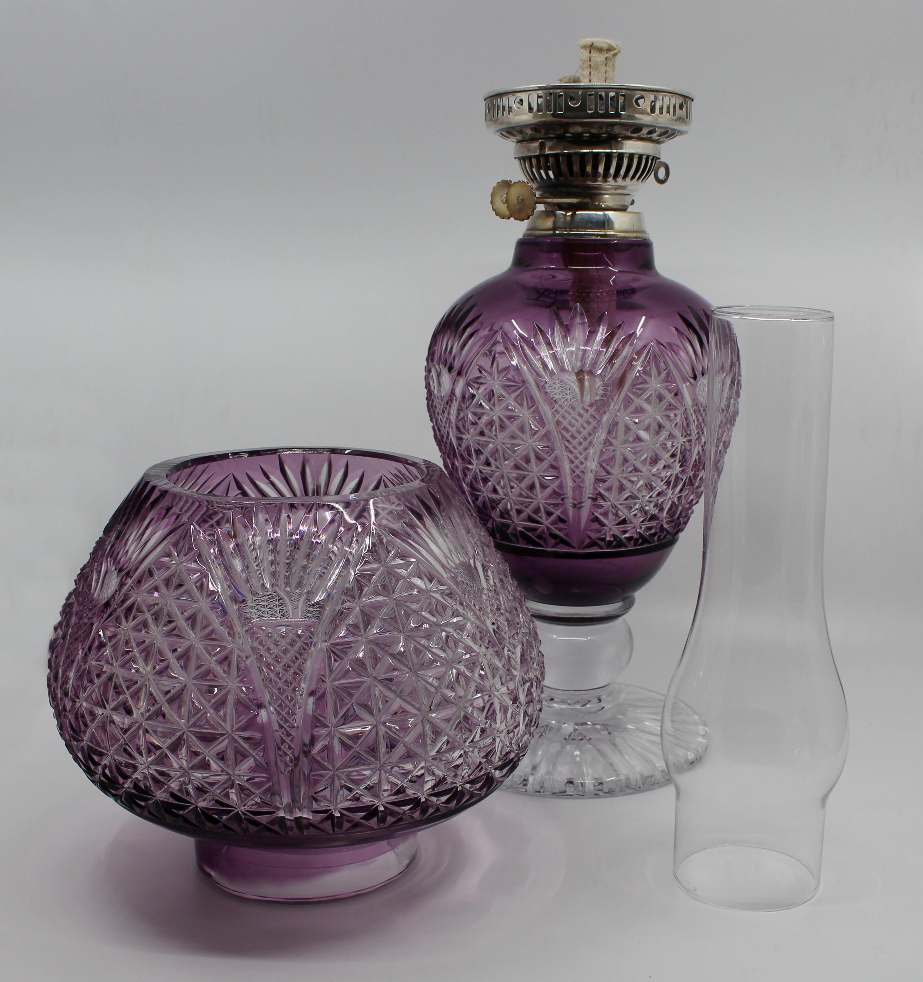 Very Fine English Cut Glass Amethyst Overlay Crystal Oil Lamp For Sale 5