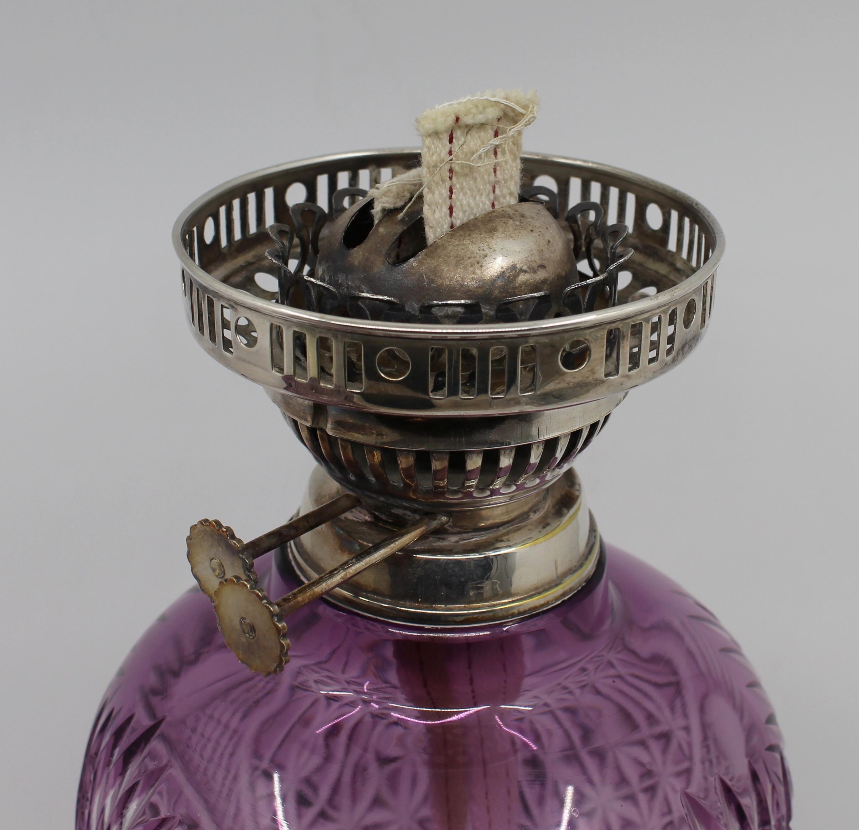 Very Fine English Cut Glass Amethyst Overlay Crystal Oil Lamp 4