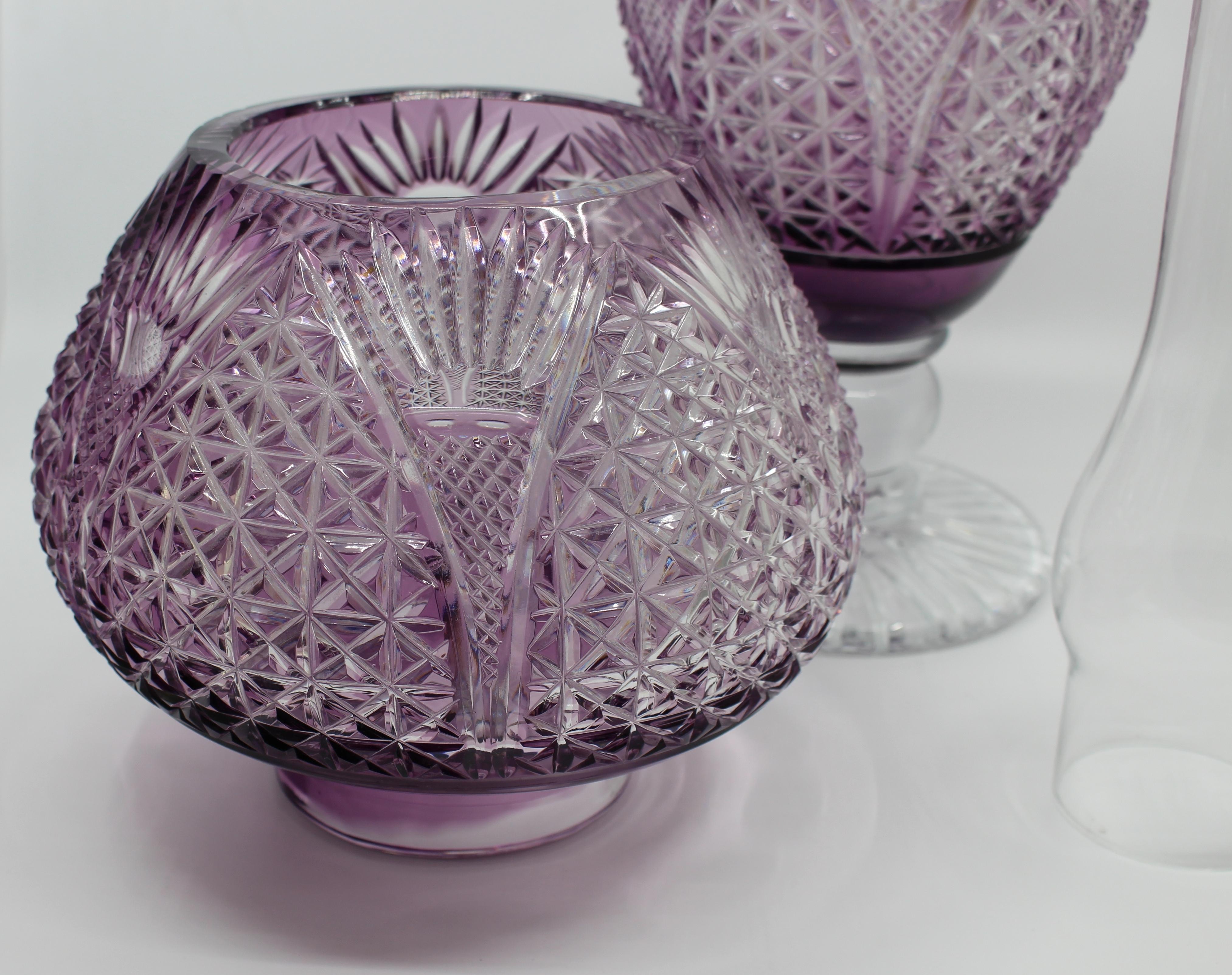 Very Fine English Cut Glass Amethyst Overlay Crystal Oil Lamp 5