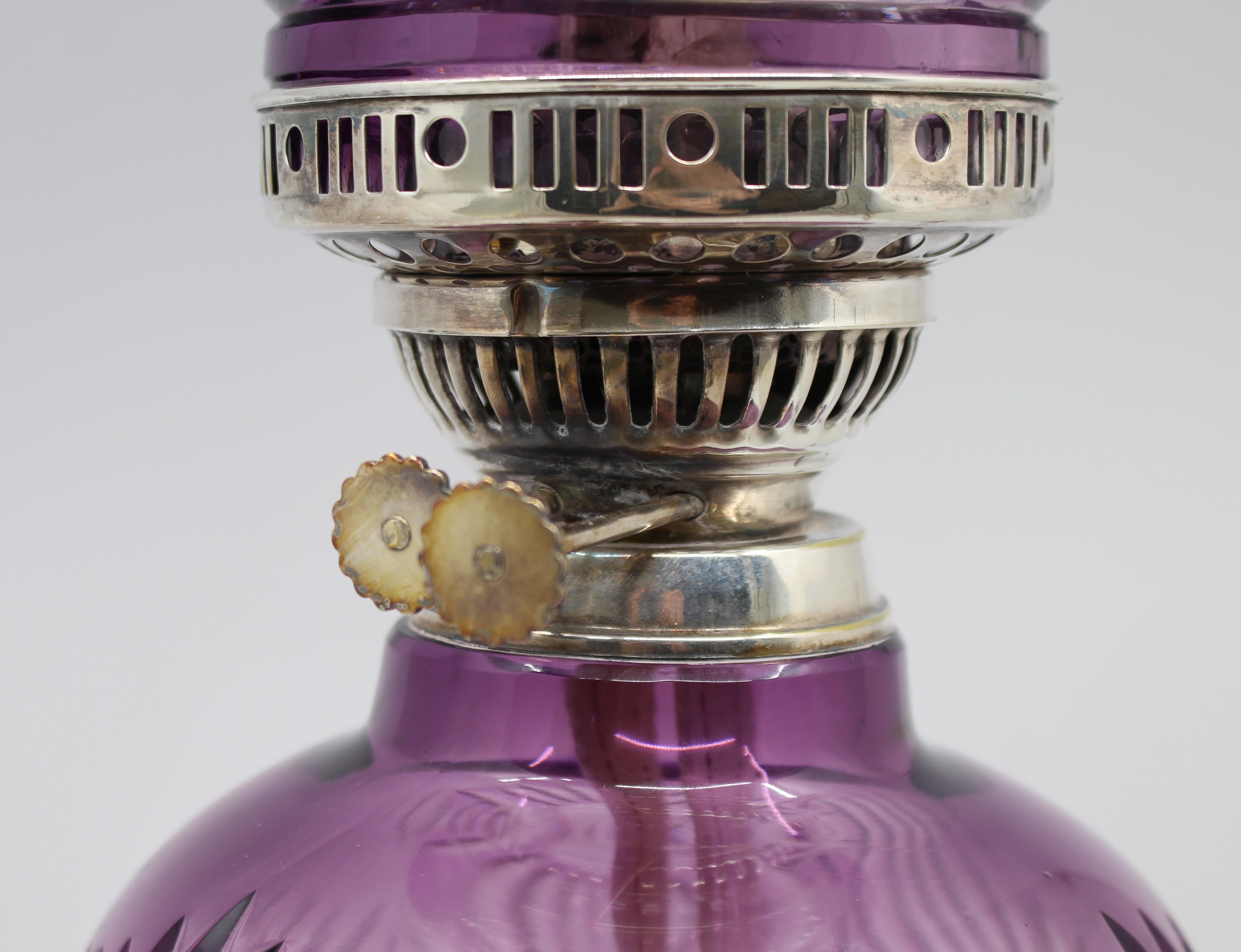 Contemporary Very Fine English Cut Glass Amethyst Overlay Crystal Oil Lamp For Sale