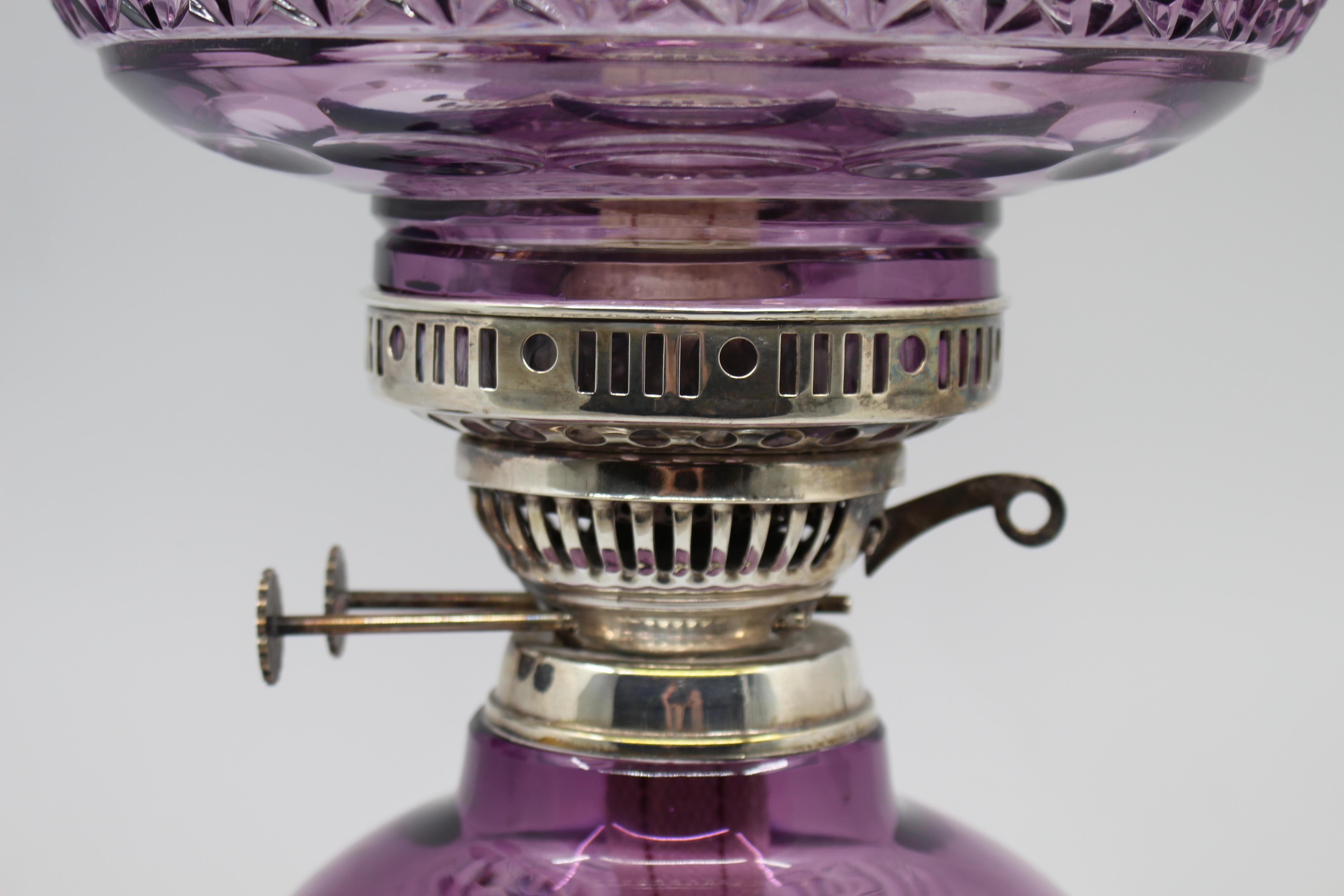 British Very Fine English Cut Glass Amethyst Overlay Crystal Oil Lamp For Sale