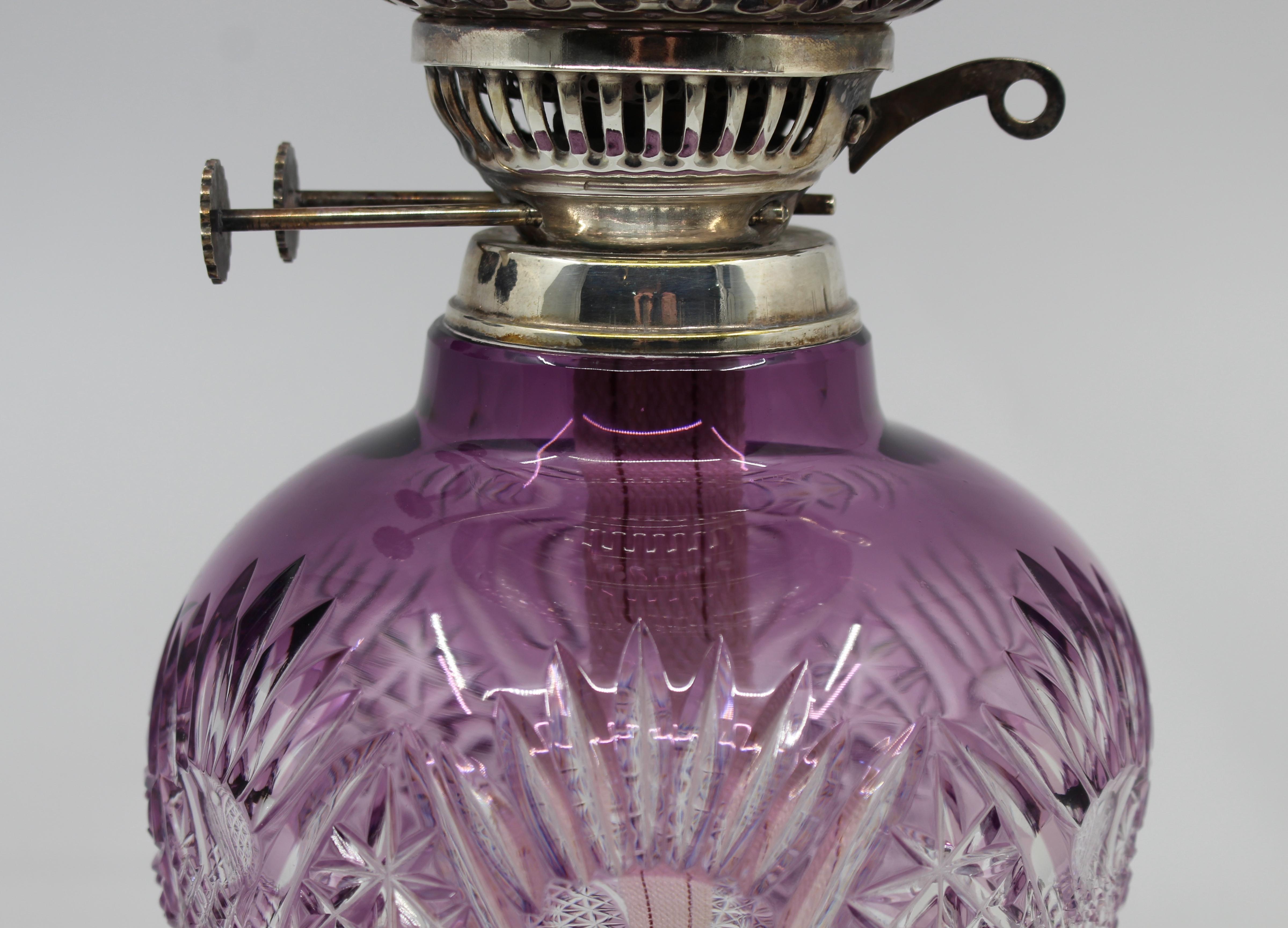 Contemporary Very Fine English Cut Glass Amethyst Overlay Crystal Oil Lamp For Sale