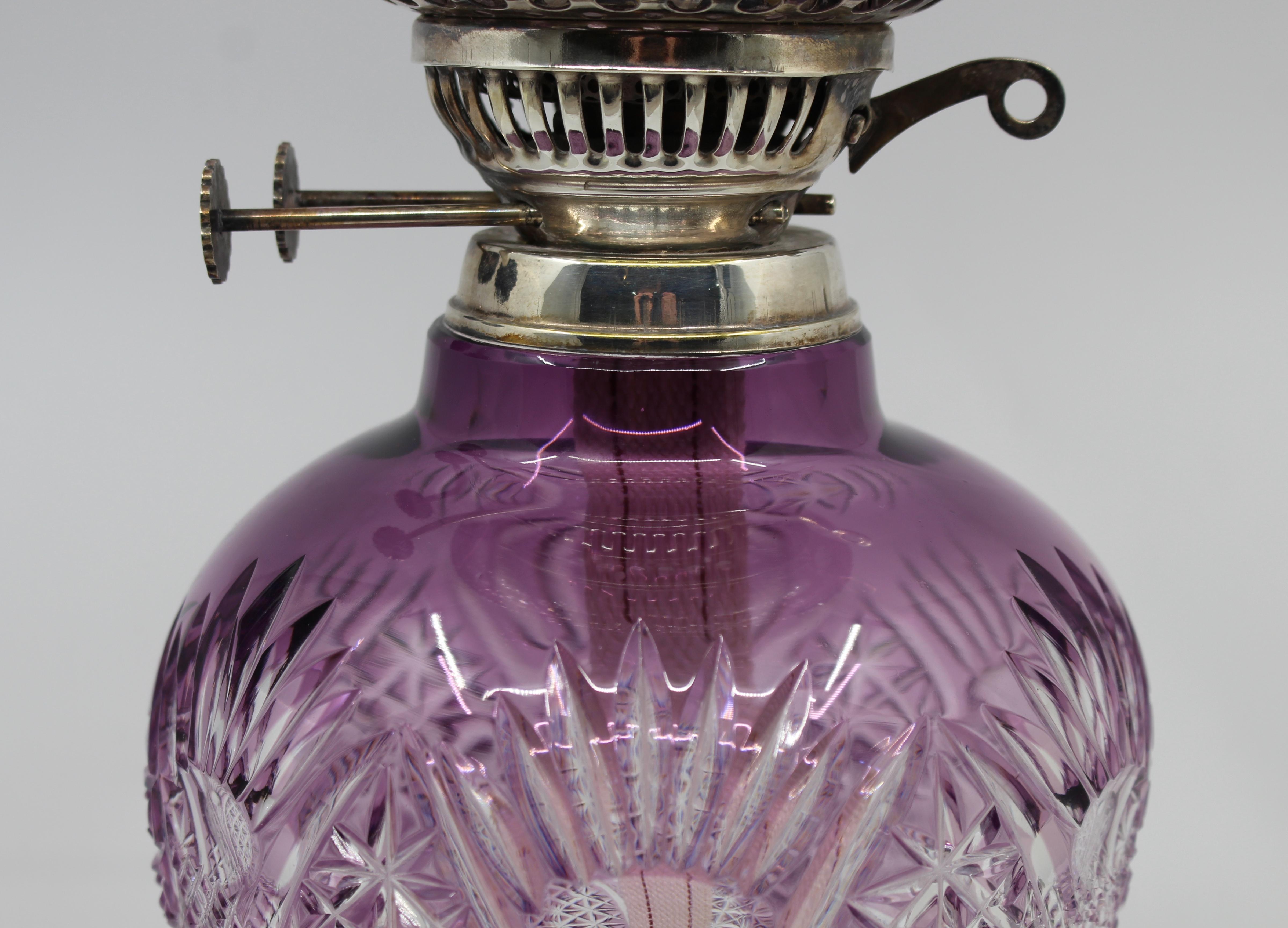 Contemporary Very Fine English Cut Glass Amethyst Overlay Crystal Oil Lamp