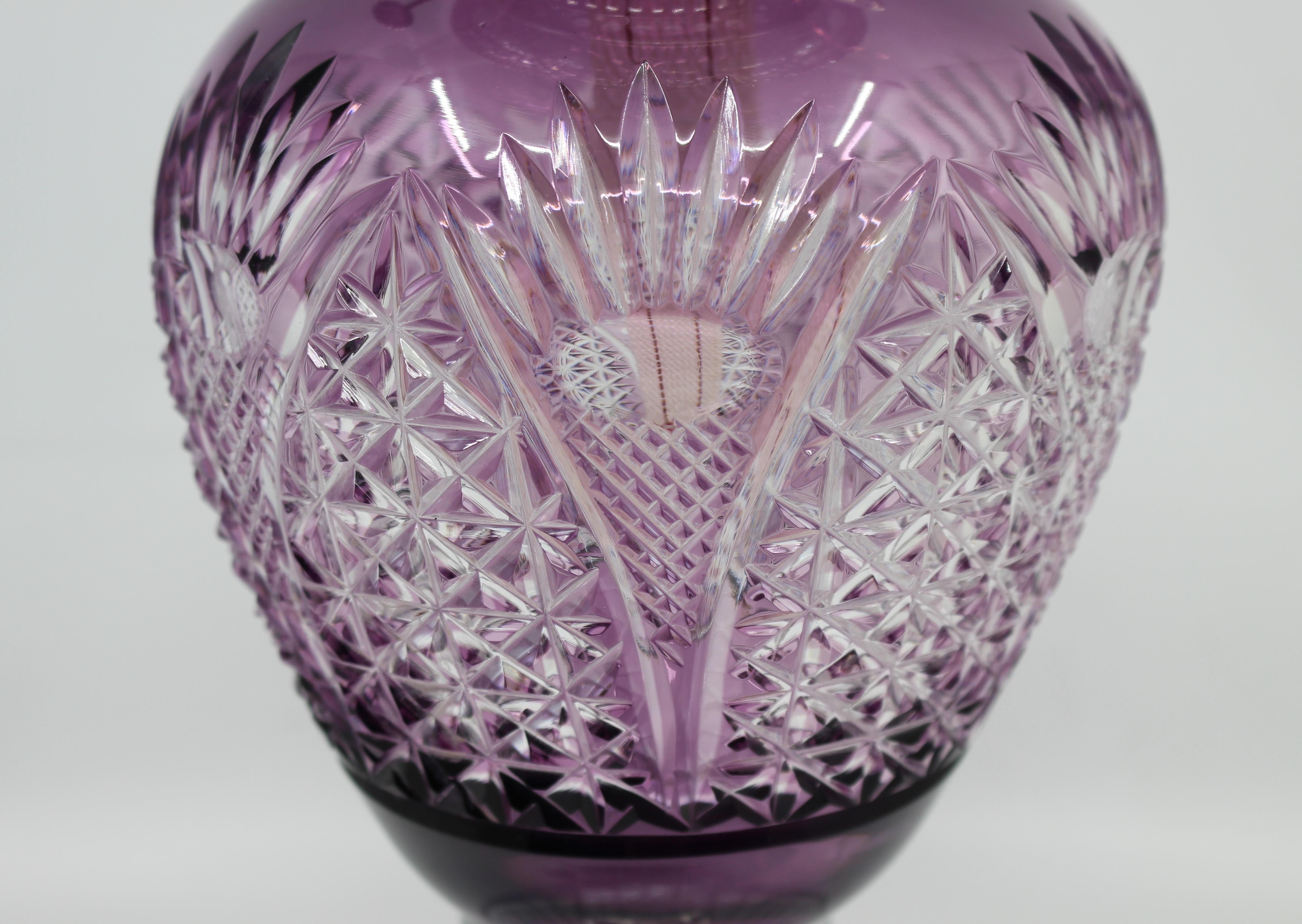Silver Plate Very Fine English Cut Glass Amethyst Overlay Crystal Oil Lamp
