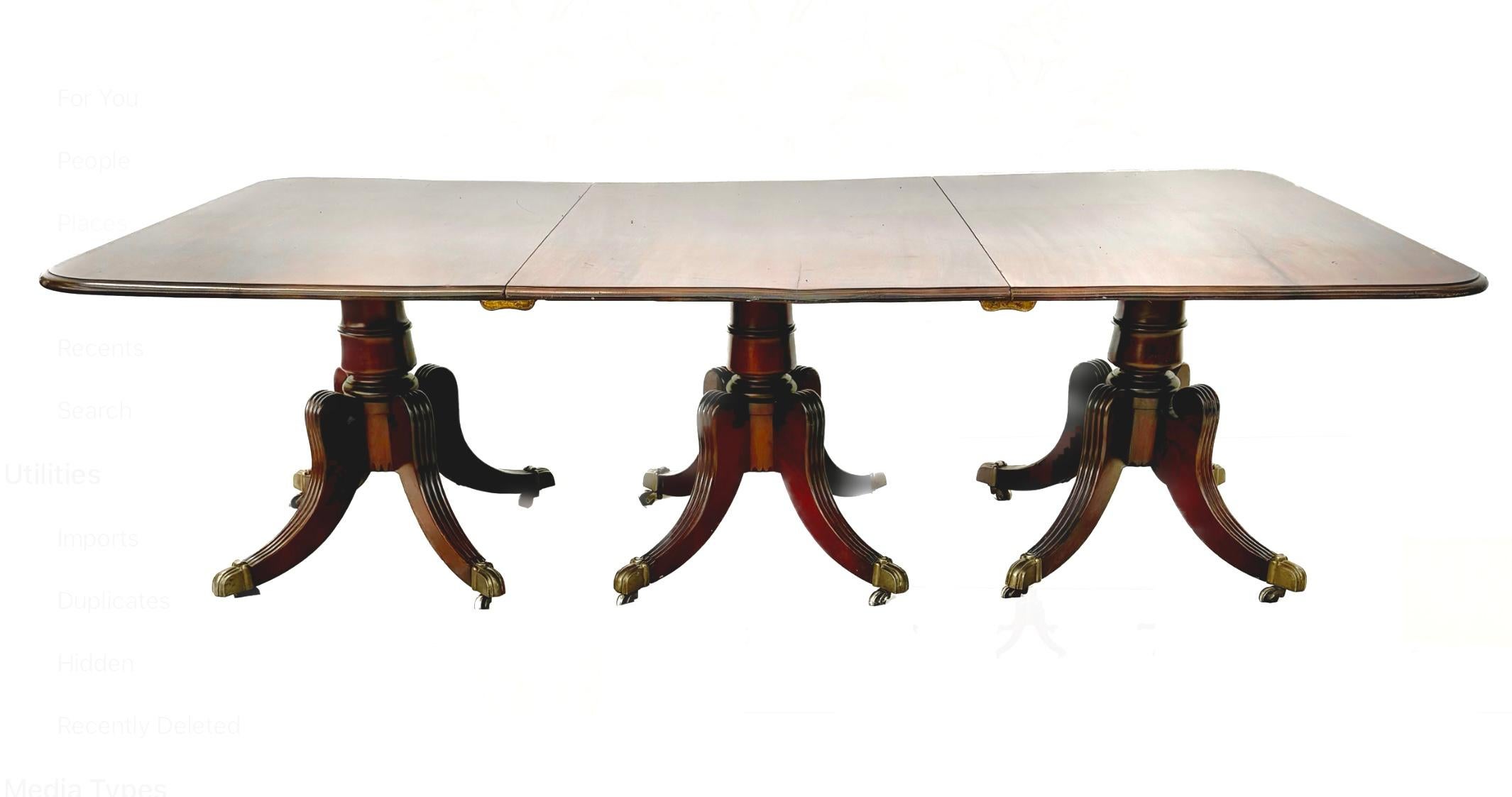 19th Century Very Fine English Regency Triple Pedestal Dining Table For Sale
