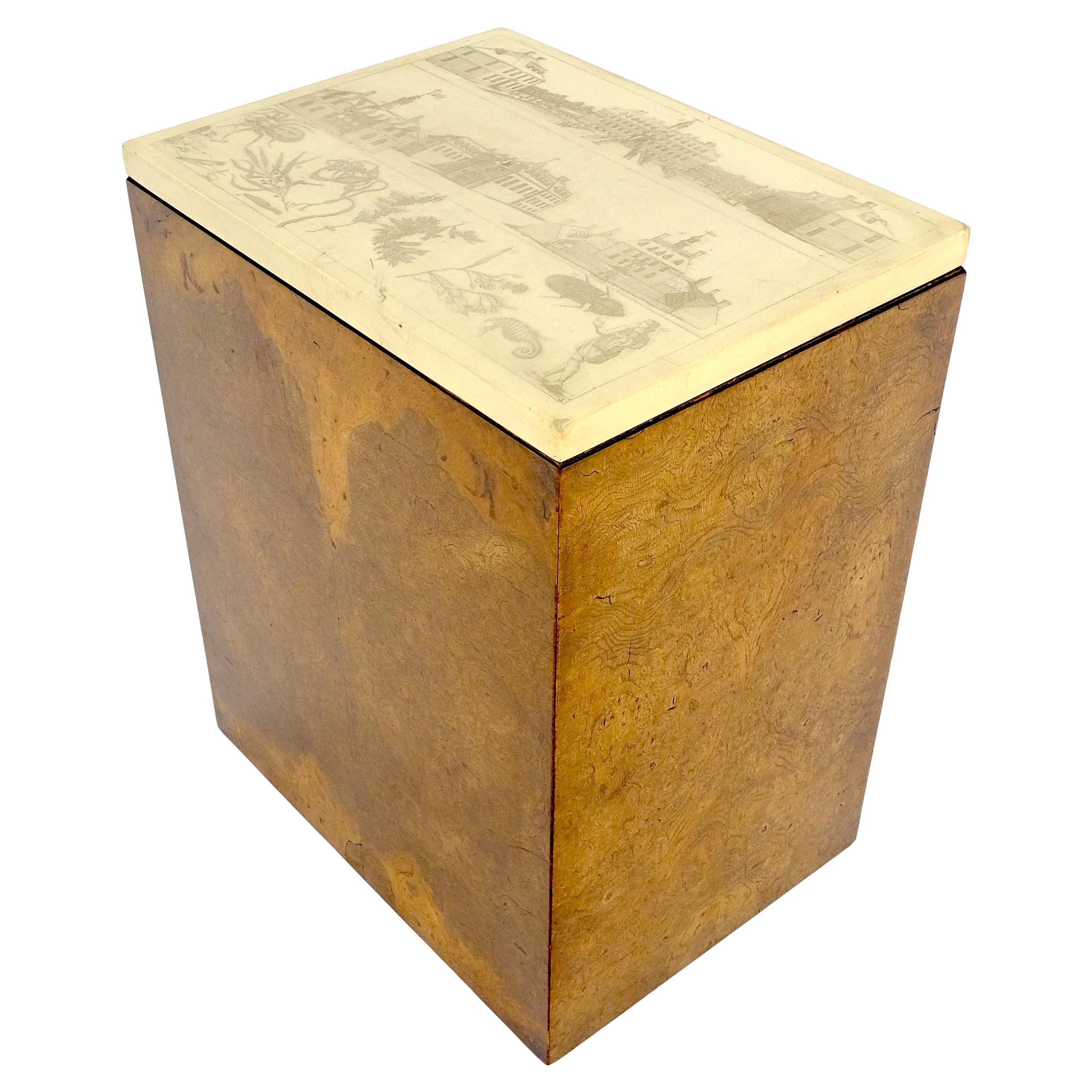 Very Fine Etched Top Burl Box Shape Base Petit Side End Table Mid Century MINT For Sale