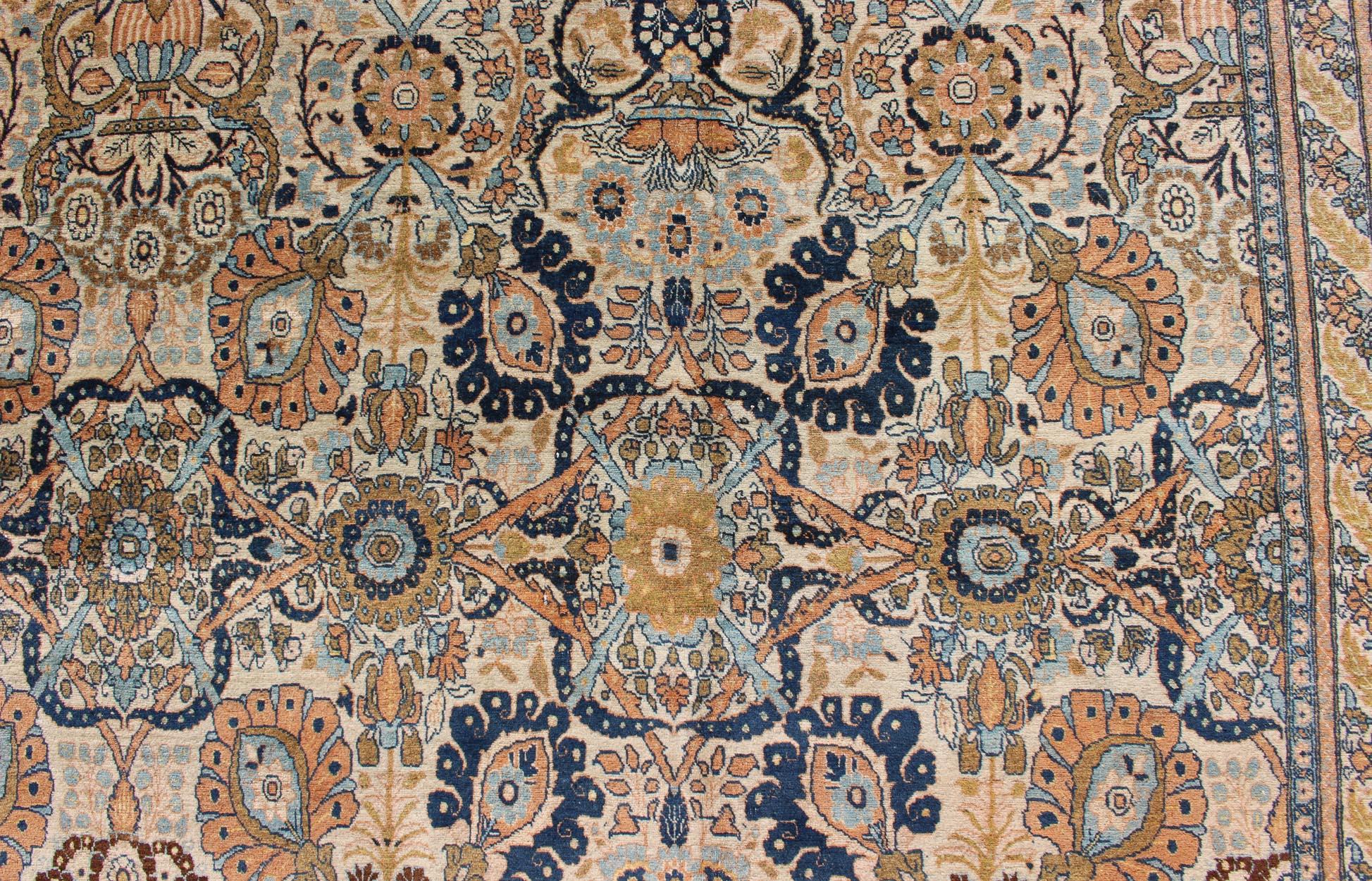 Very Fine colorful Antique Persian Tabriz Haj Jalili Rug in Ivory Background For Sale 6