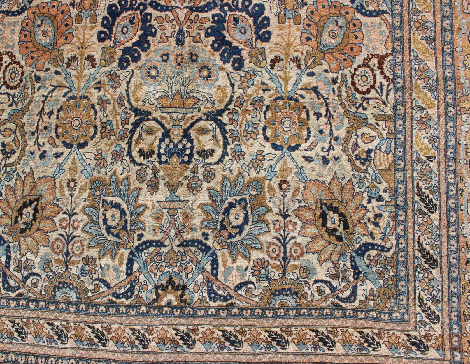 Very Fine colorful Antique Persian Tabriz Haj Jalili Rug in Ivory Background For Sale 8