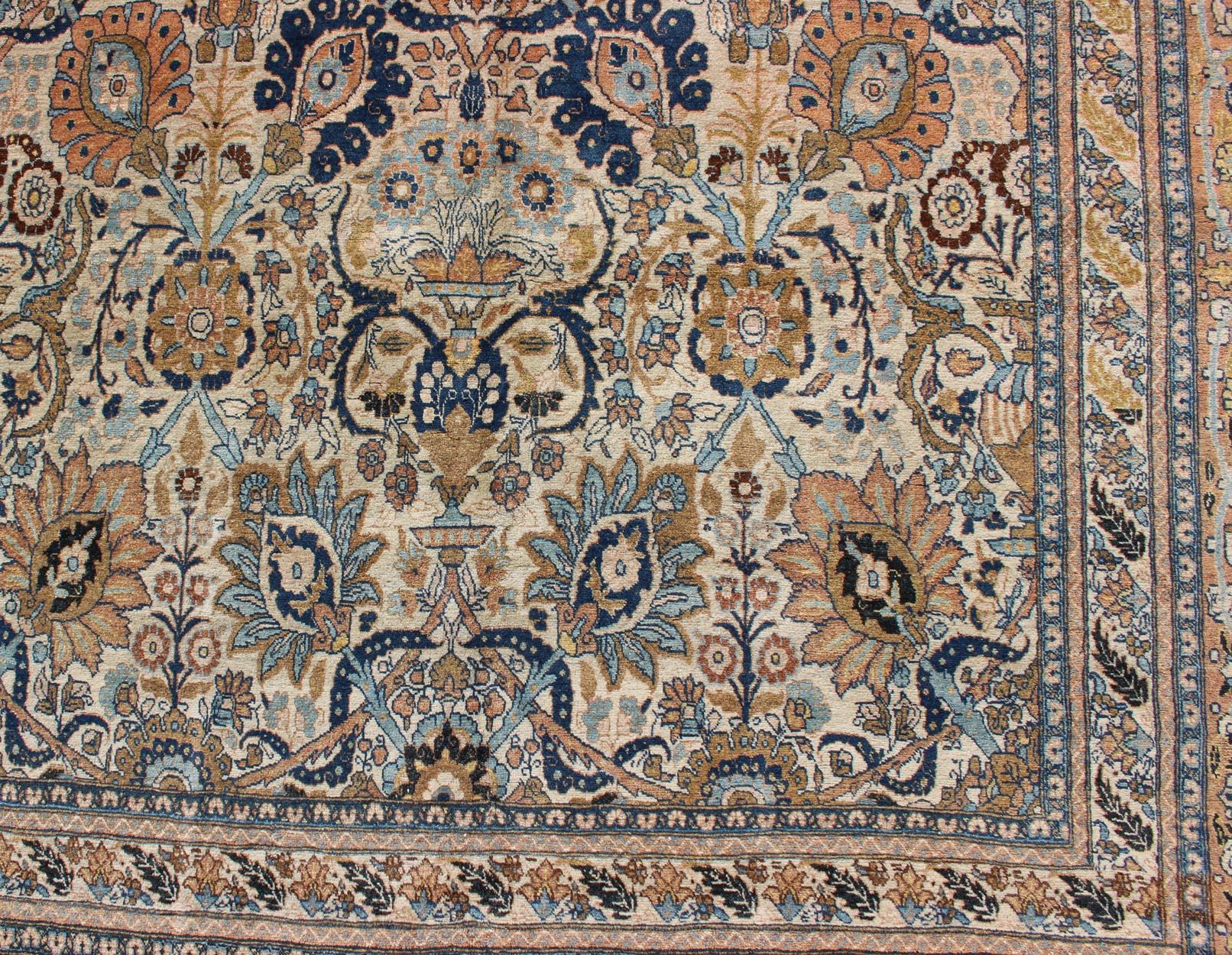 Very Fine colorful Antique Persian Tabriz Haj Jalili Rug in Ivory Background  For Sale 8