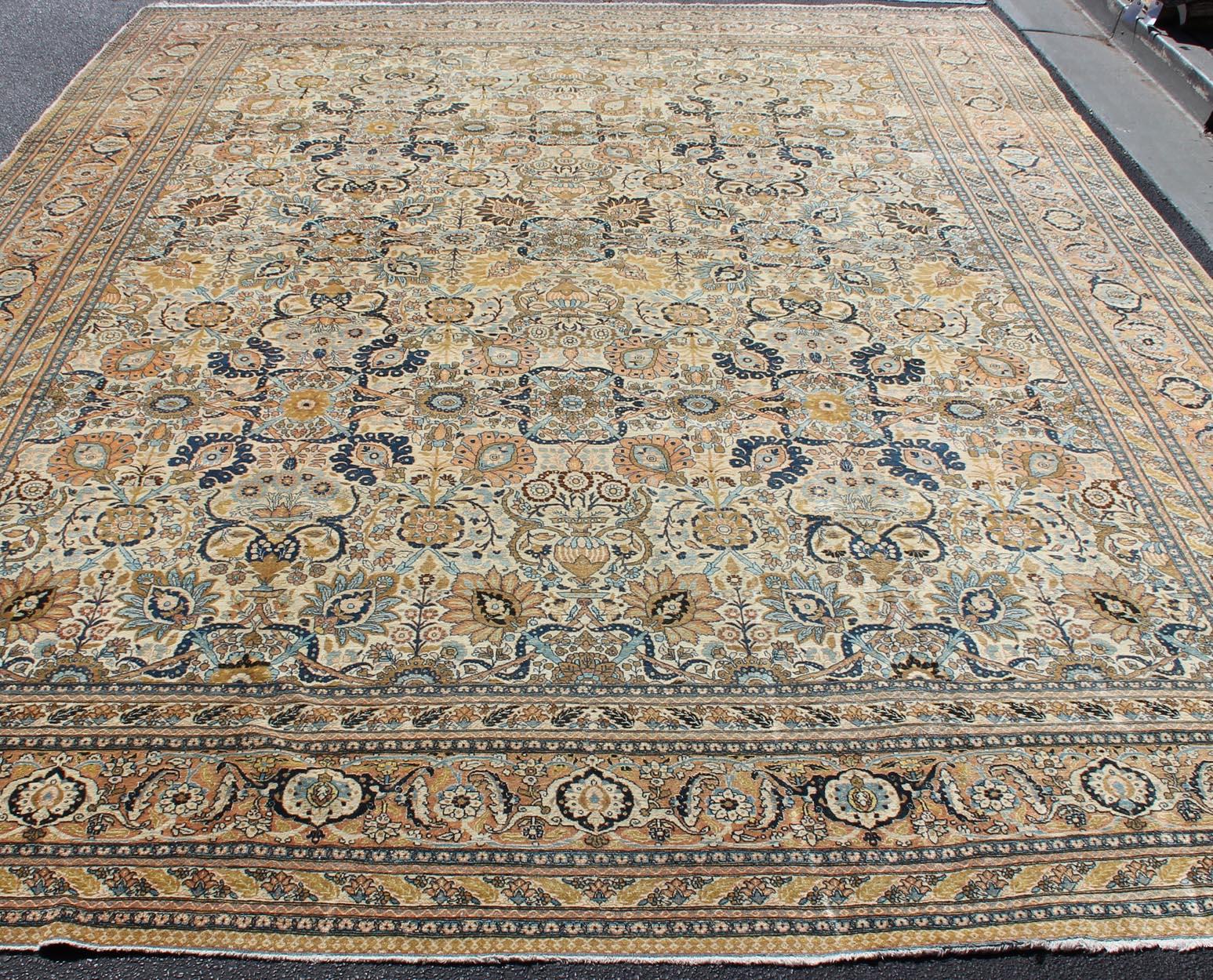 Very Fine colorful Antique Persian Tabriz Haj Jalili Rug in Ivory Background For Sale 9
