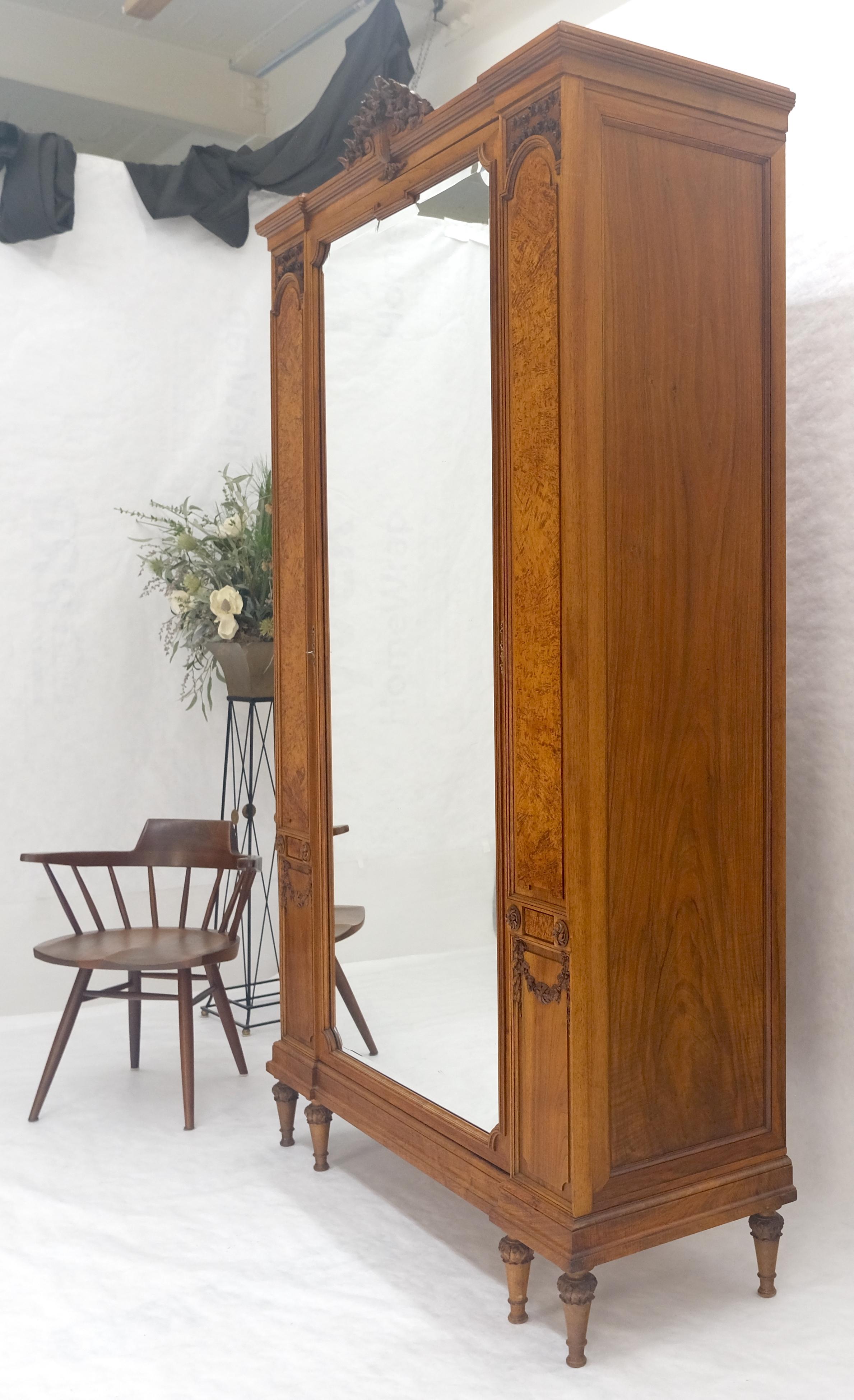 Very Fine French Carved Burl Satin Wood Beveled Mirror Door Armoire Wardrobe For Sale 5