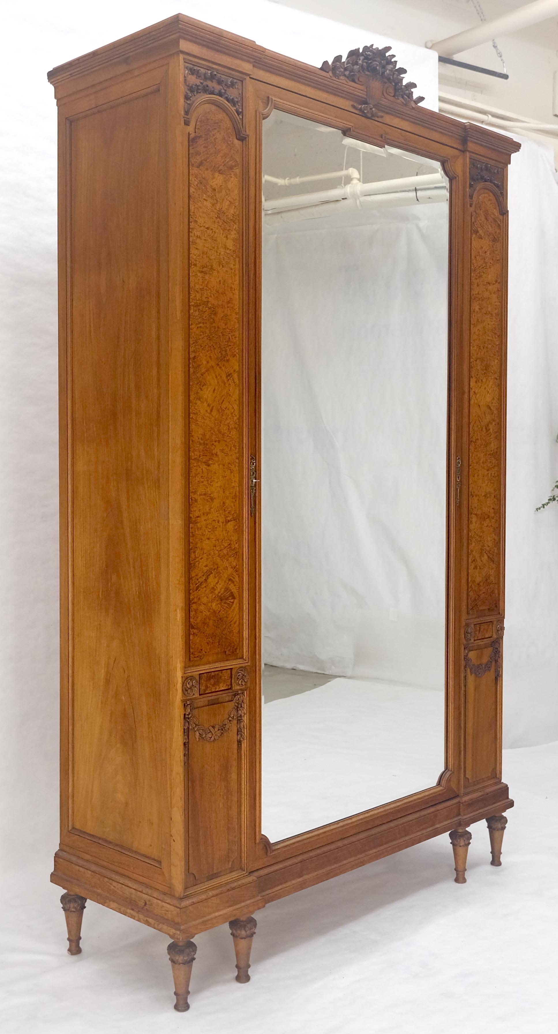 Very Fine French Carved Burl Satin Wood Beveled Mirror Door Armoire Wardrobe For Sale 6
