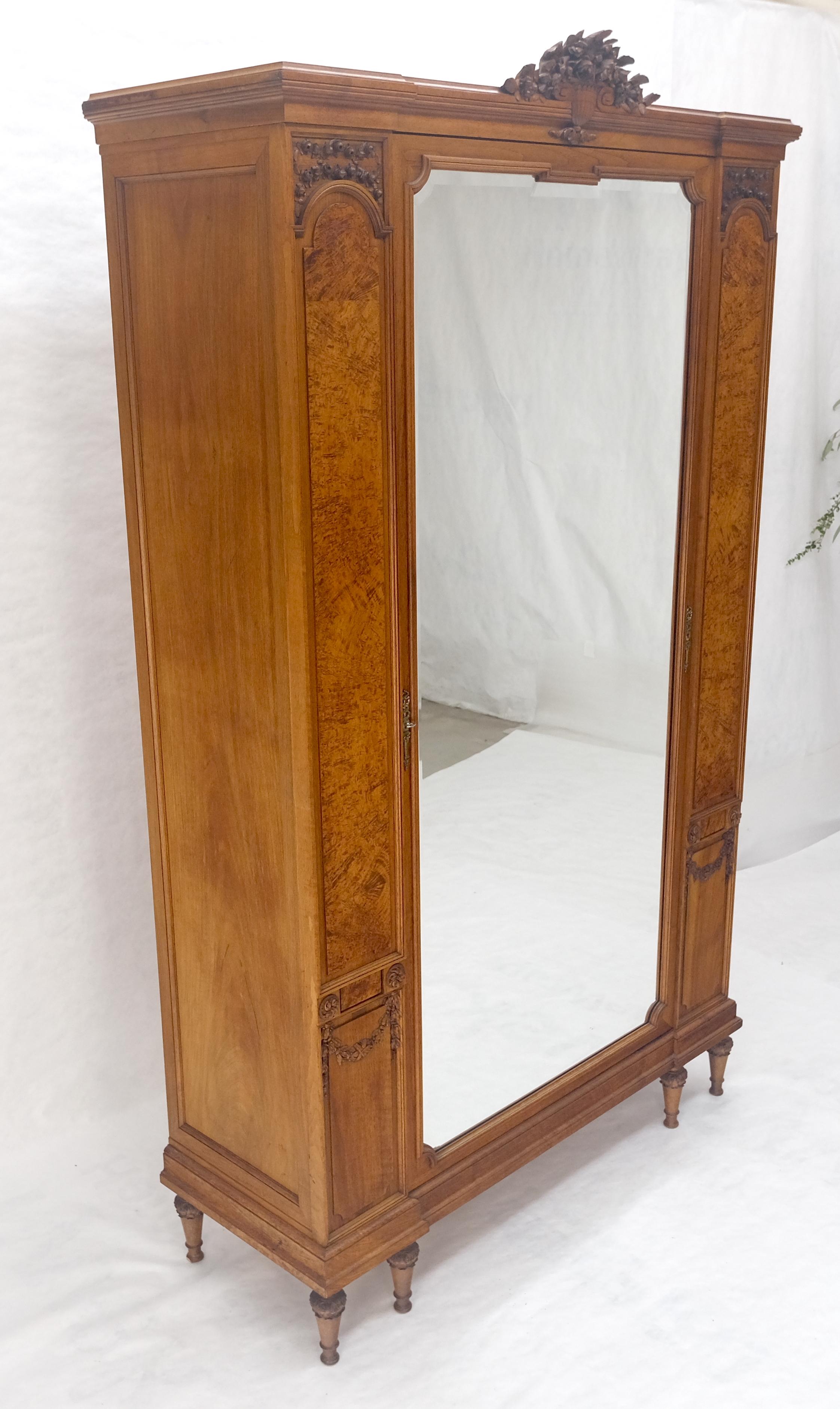 Very Fine French Carved Burl Satin Wood Beveled Mirror Door Armoire Wardrobe For Sale 8