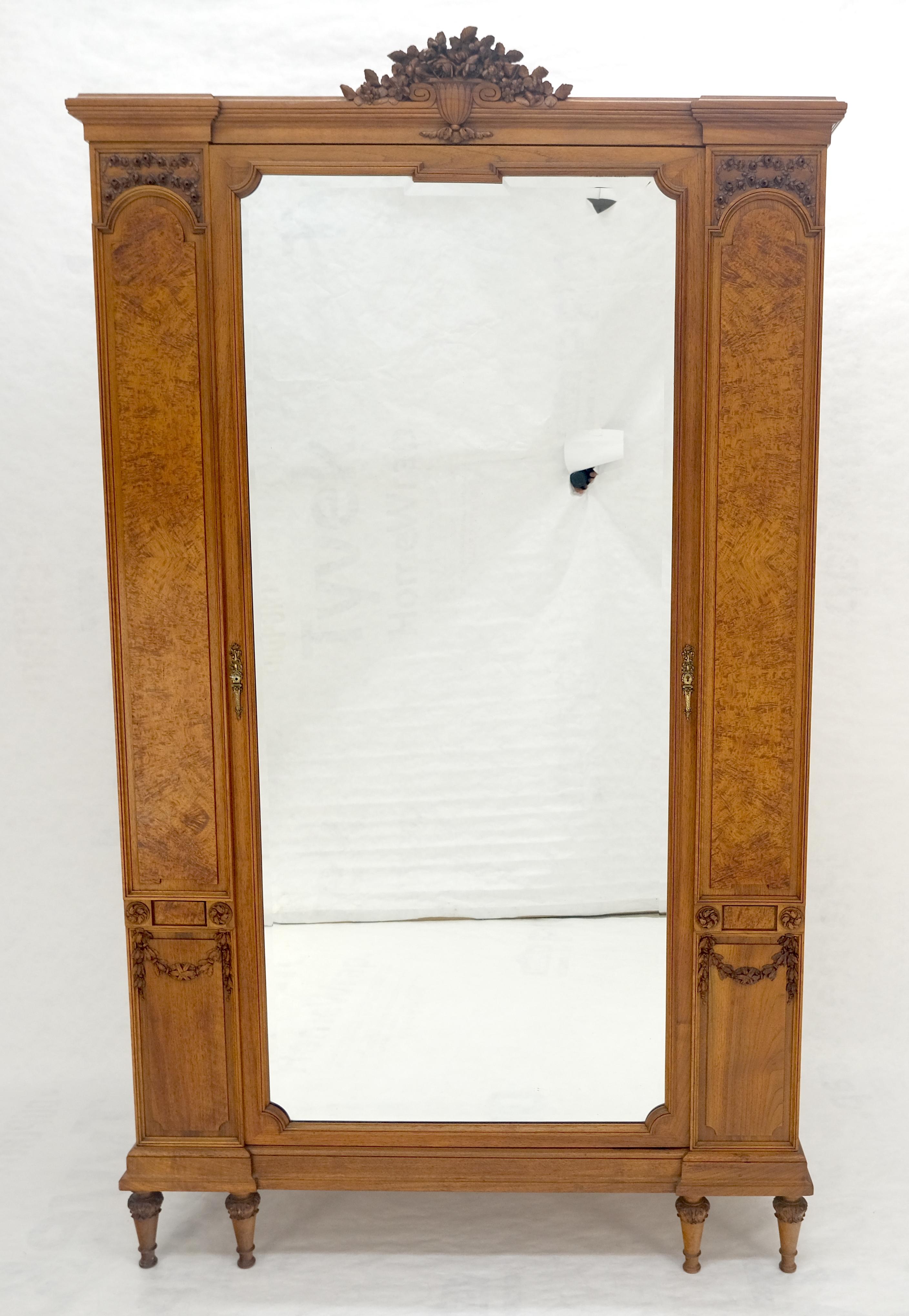Lacquered Very Fine French Carved Burl Satin Wood Beveled Mirror Door Armoire Wardrobe For Sale