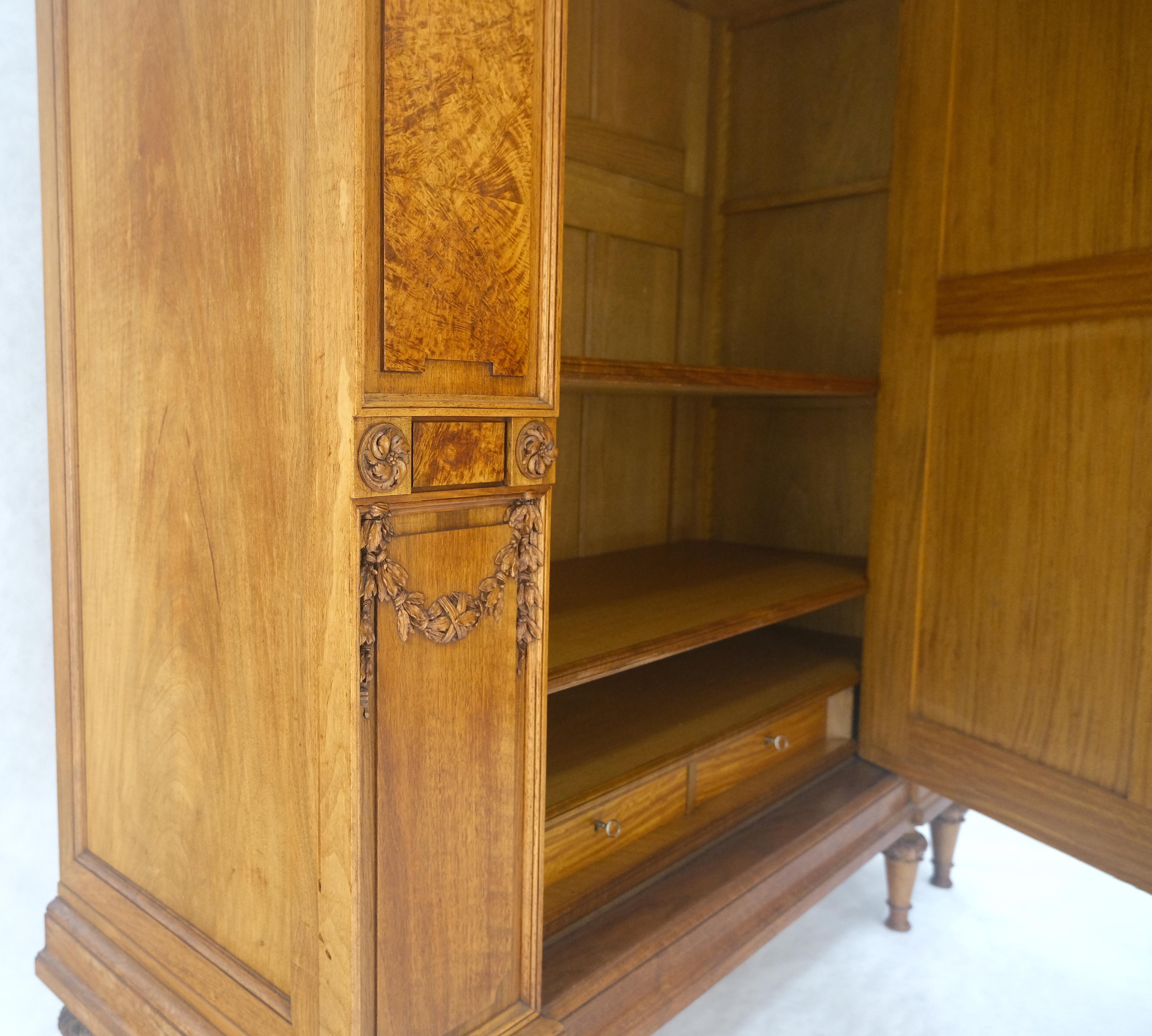 Very Fine French Carved Burl Satin Wood Beveled Mirror Door Armoire Wardrobe For Sale 2