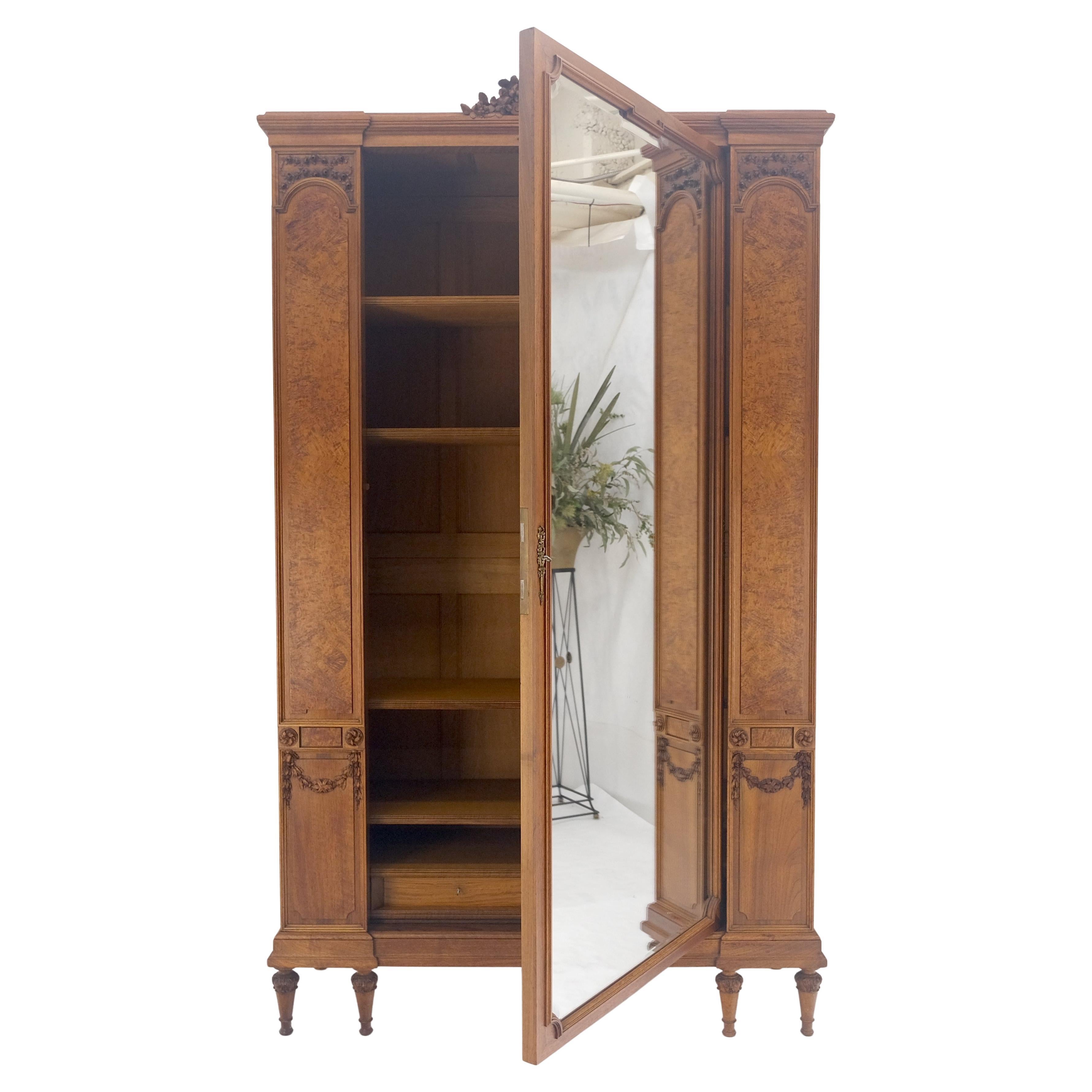 Very Fine French Carved Burl Satin Wood Beveled Mirror Door Armoire Wardrobe For Sale
