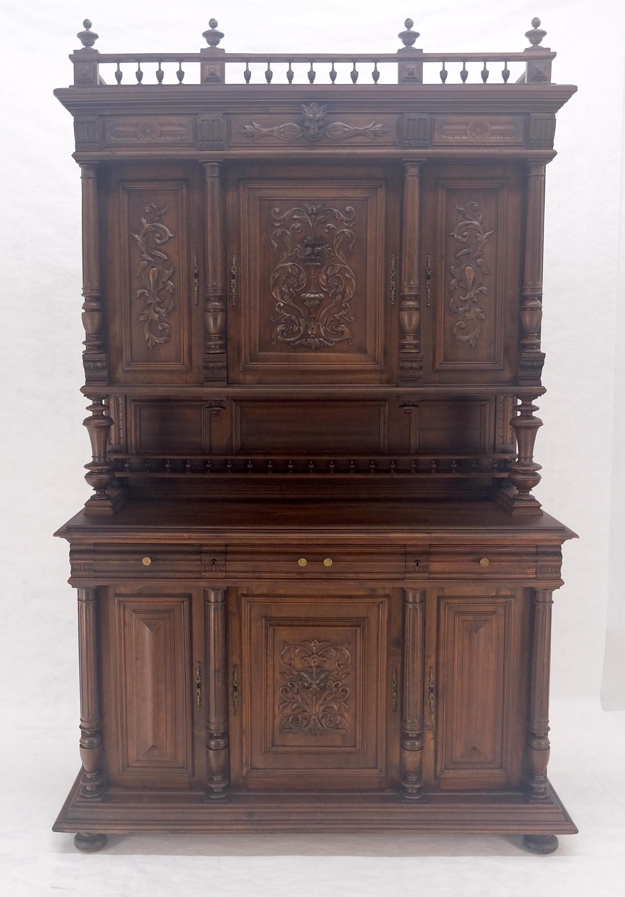 Victorian Very Fine French Carved Walnut Gallery Top Buffet Sideboard Cupboard MINT! For Sale