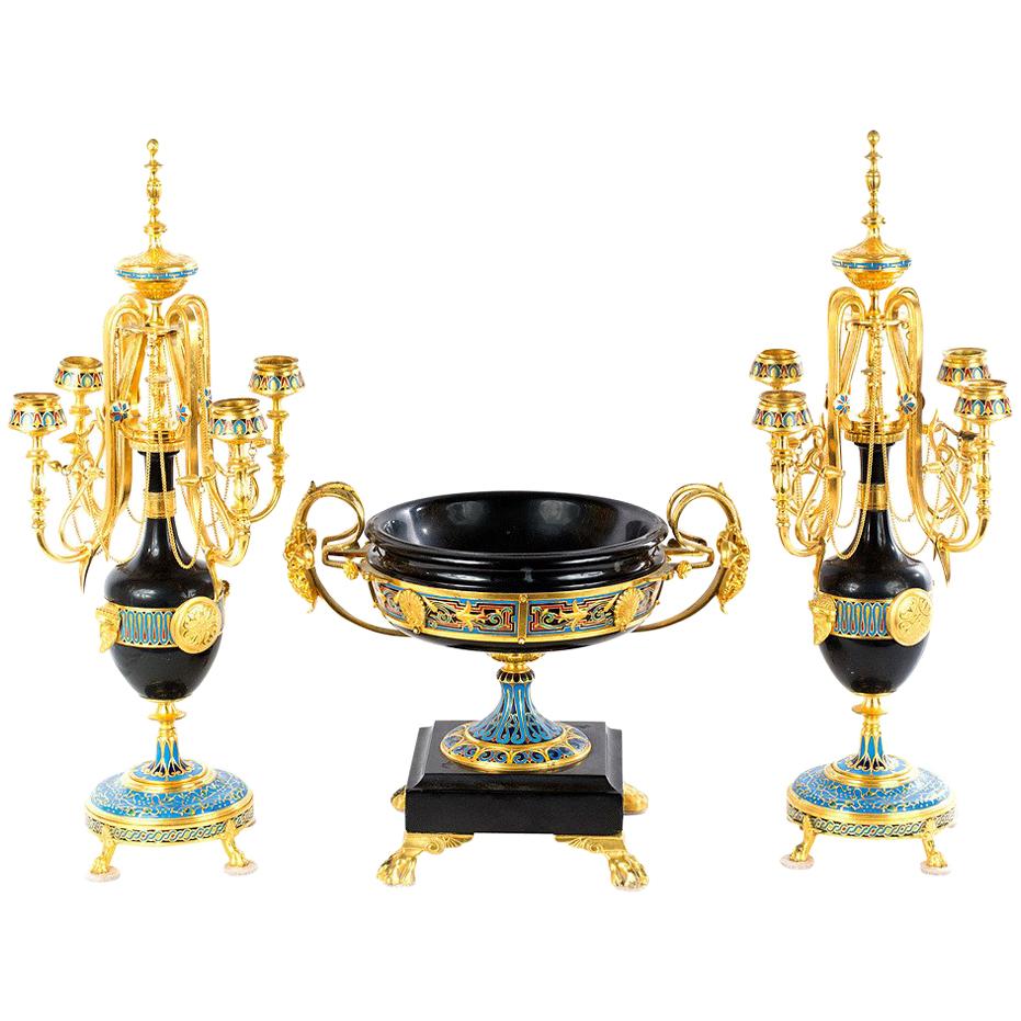 Very Fine French Cloisonné, Marble, and Ormolu Garniture For Sale
