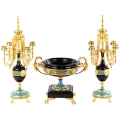 Very Fine French Cloisonné, Marble, and Ormolu Garniture