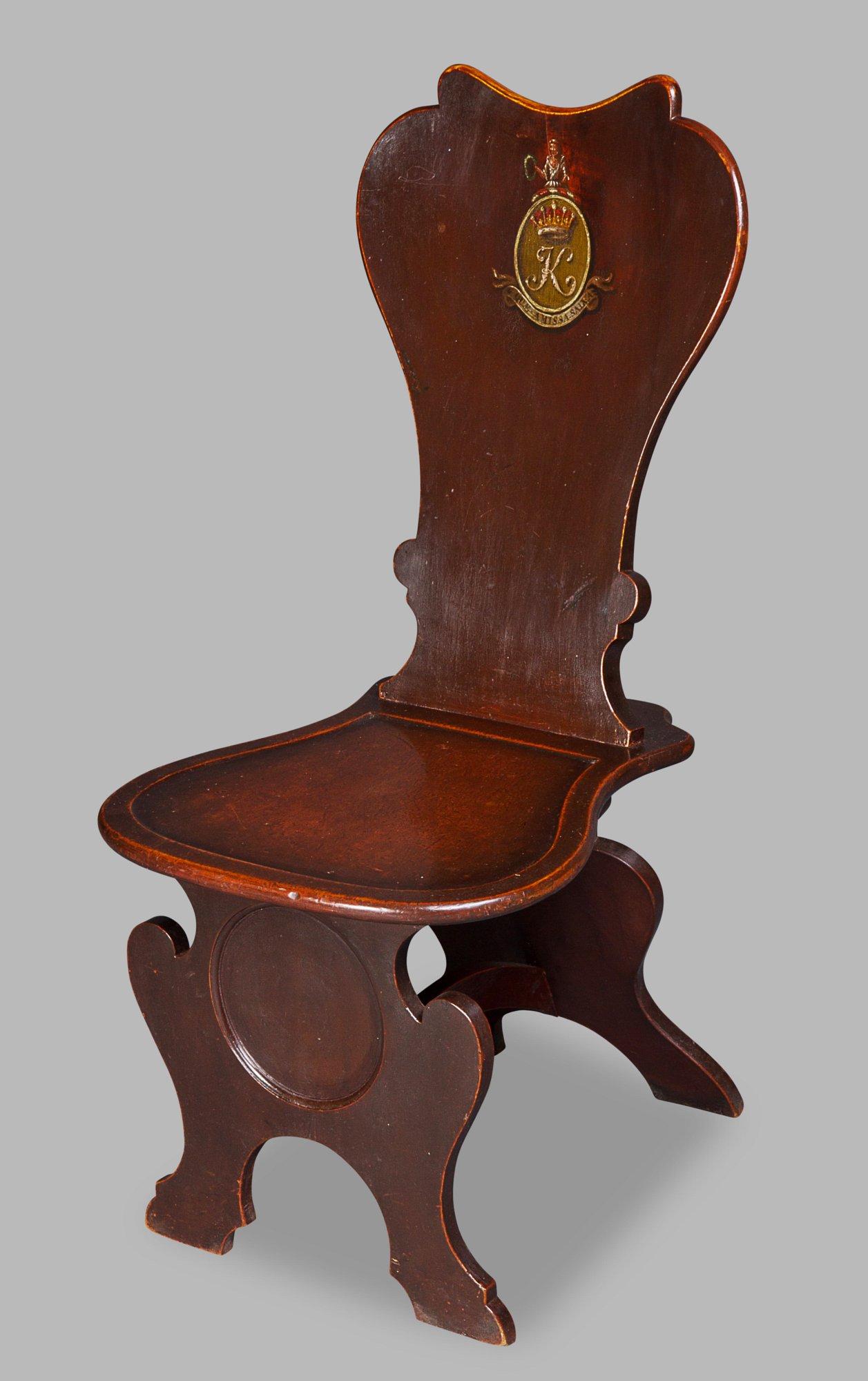 The design for this chair derives from Italian walnut Sgabelli of the 16th century that were popular throughout the Renaissance.
Hall chairs of this general shape were produced in the British Isles through the 18th century and well into the 19th