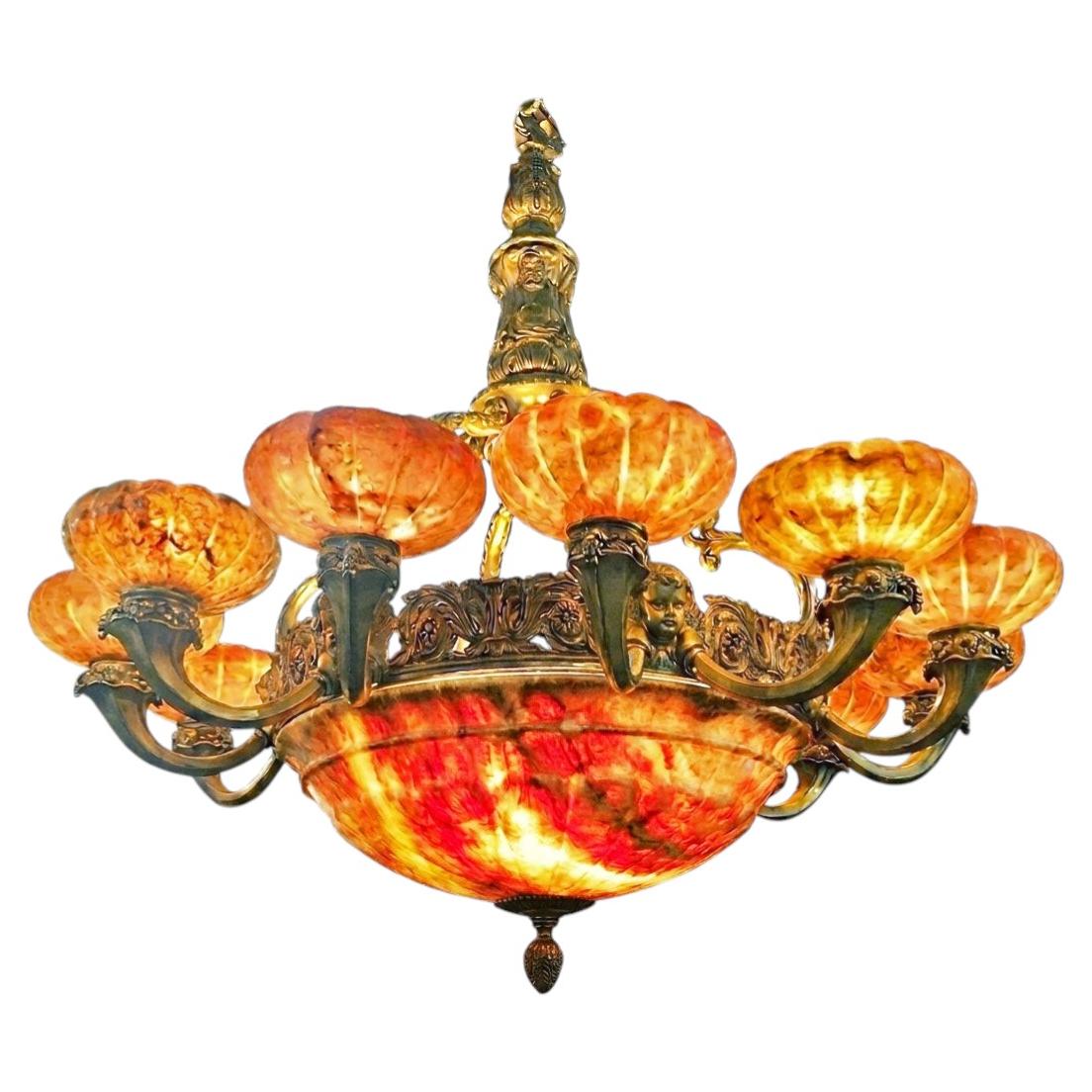 Very Fine Gilt Bronze & Alabaster Chandelier For Sale