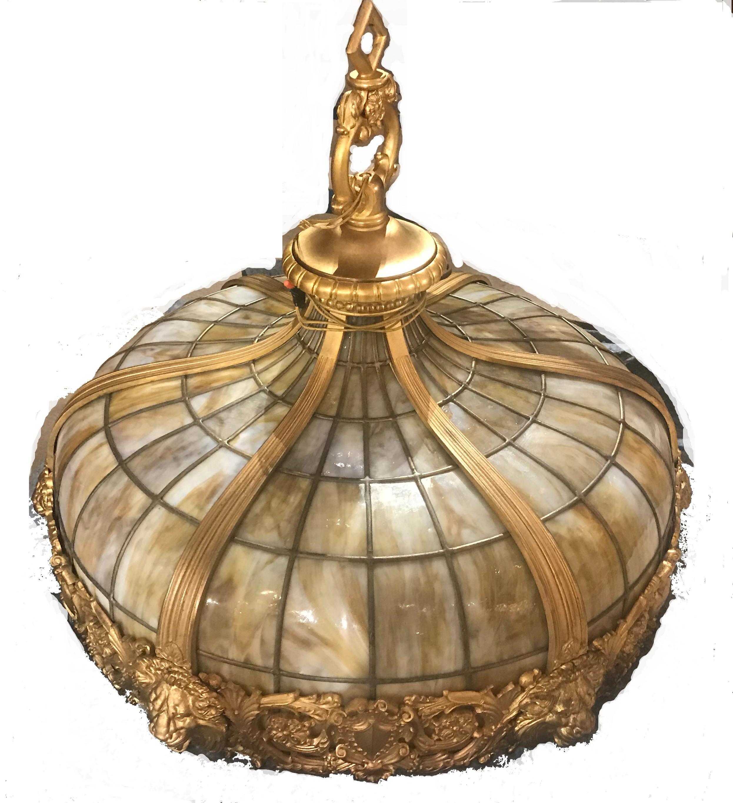 Victorian Very Fine Gilt Bronze and Slag Glass Hanging Lamp
