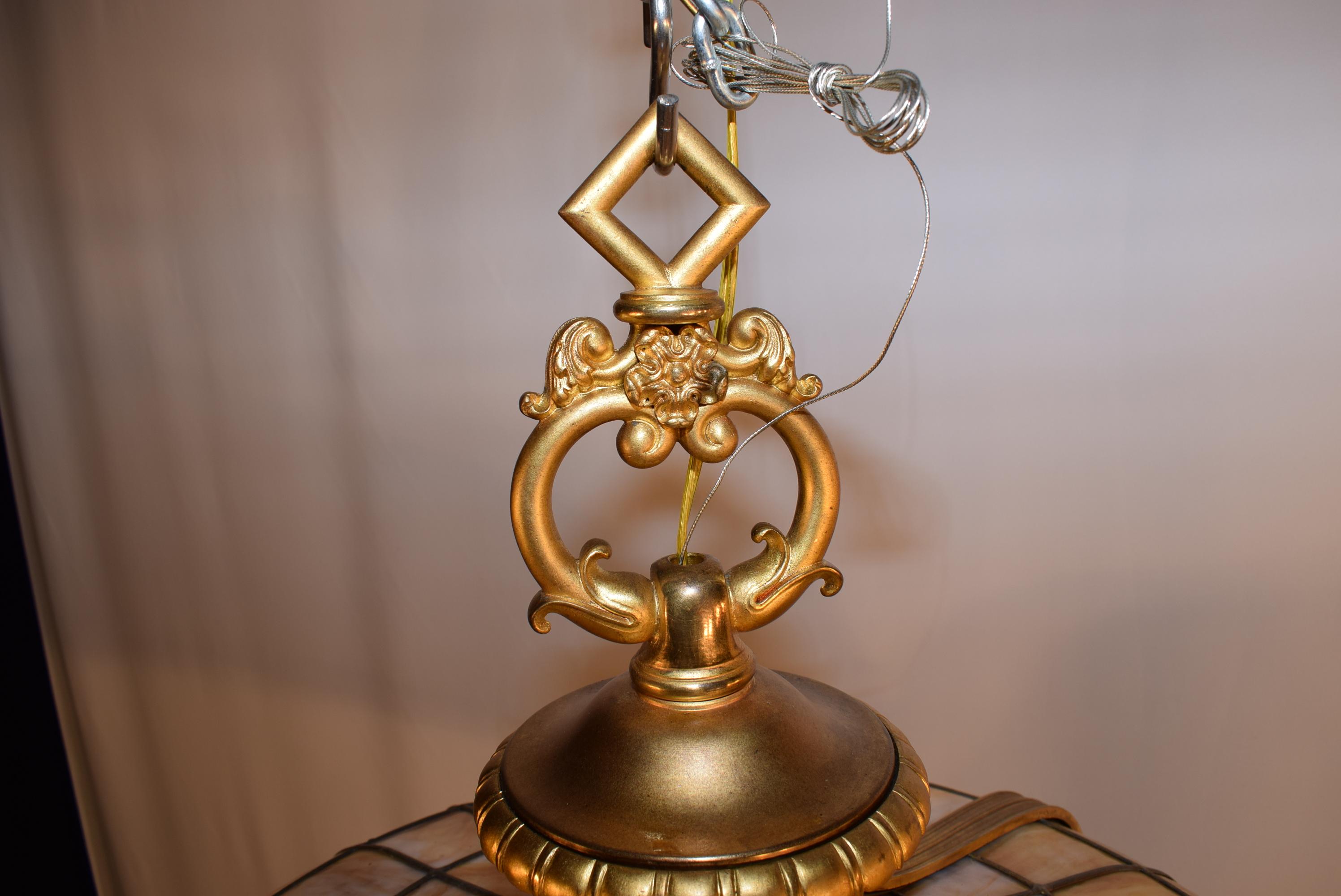 American Very Fine Gilt Bronze and Slag Glass Hanging Lamp