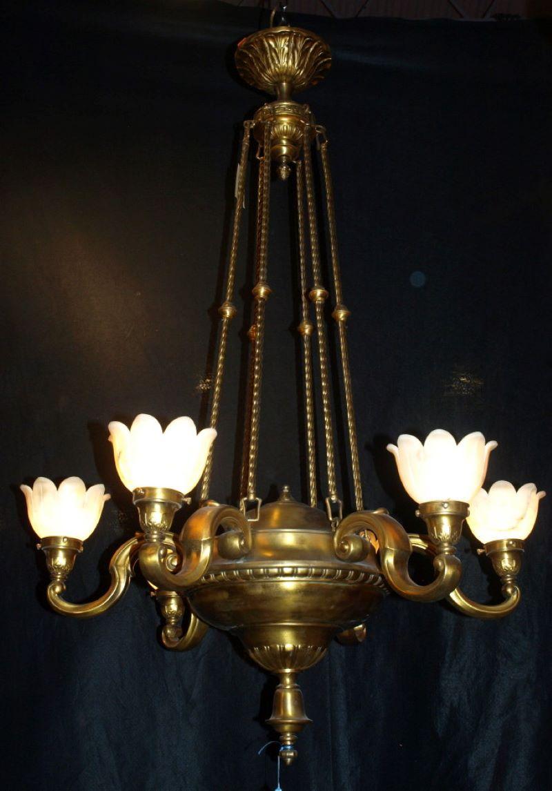 Very fine gilt bronze chandelier with alabaster shades. Six lights.