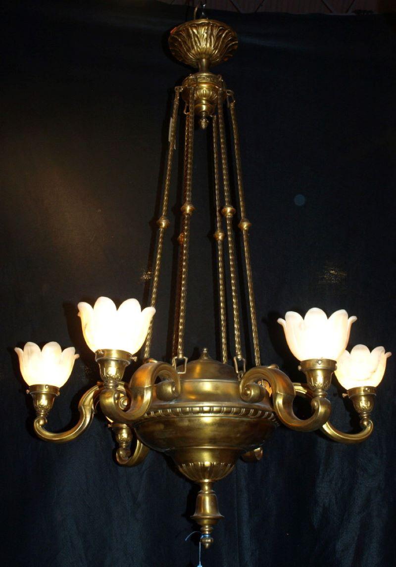 Very fine gilt bronze chandelier with alabaster shades. Six lights.
