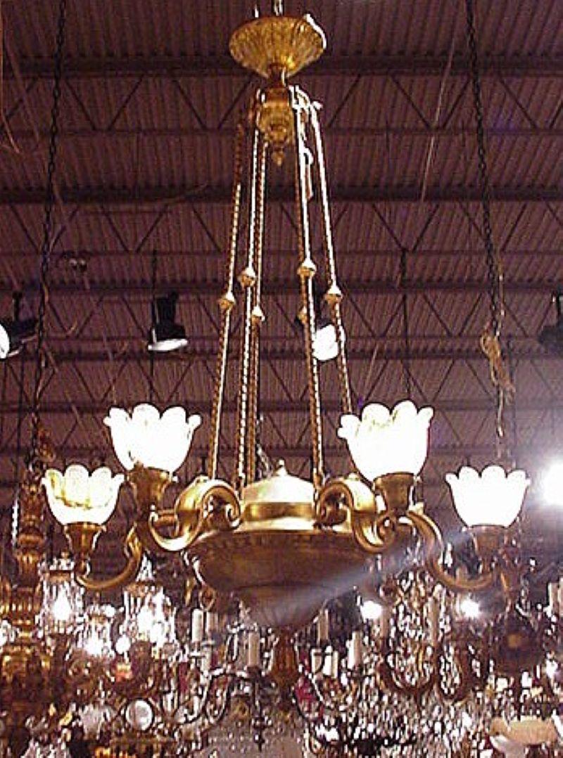 French Very Fine Gilt Bronze Chandelier with Alabaster Shades For Sale