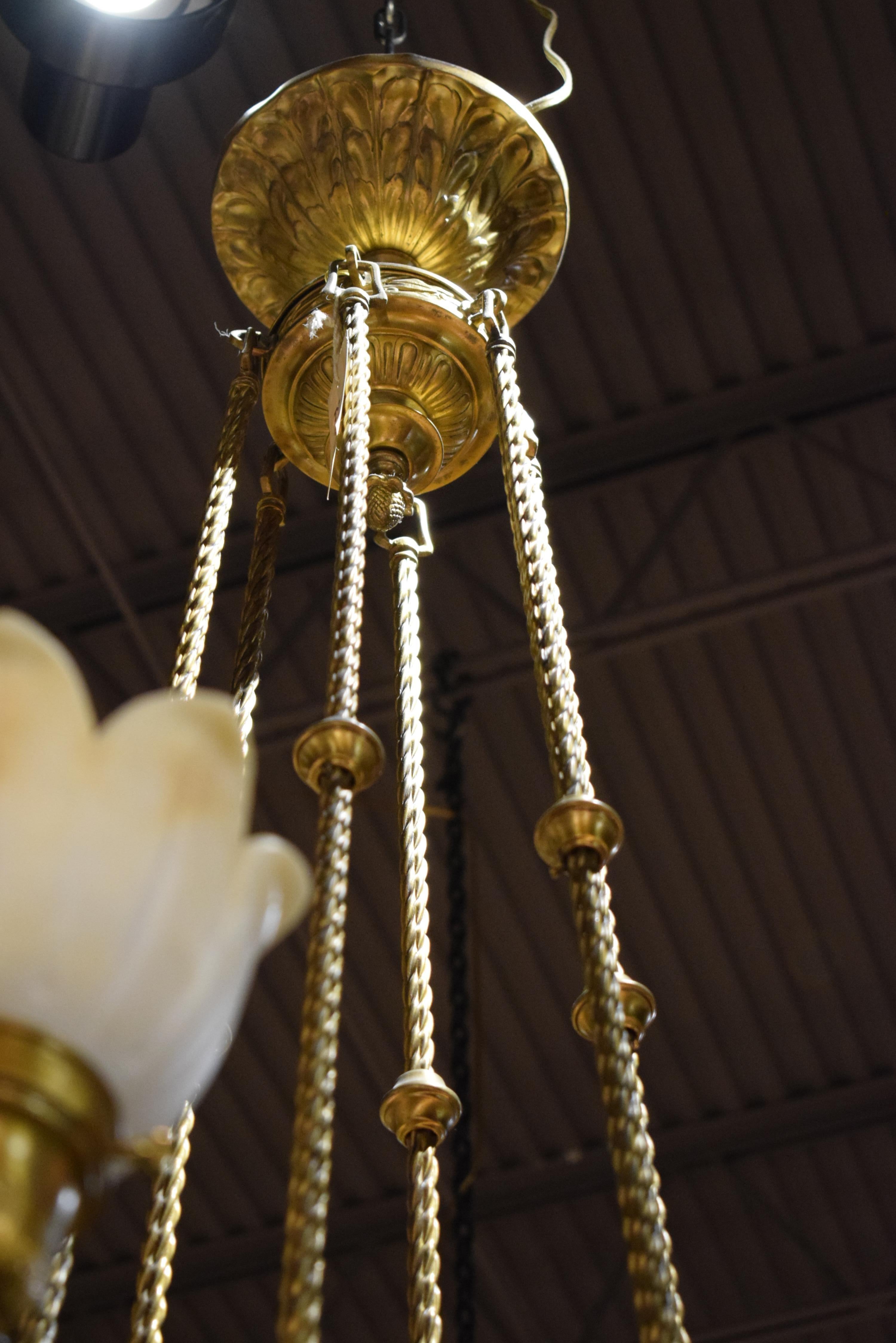 Very Fine Gilt Bronze Chandelier with Alabaster Shades In Good Condition For Sale In Atlanta, GA