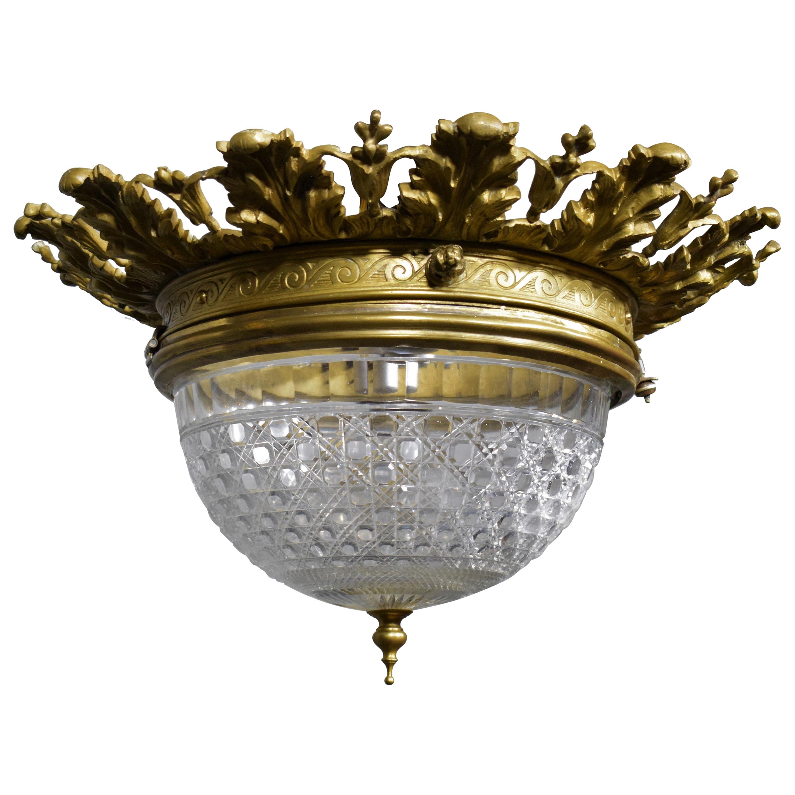 Very Fine Gilt Bronze Pendant with Handcut Crystal Dome by Baccarat