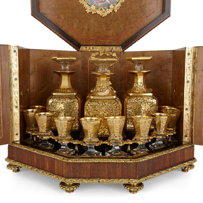 Very Fine Gilt Glass Liquor Set with Ormolu and Porcelain Mounted Case