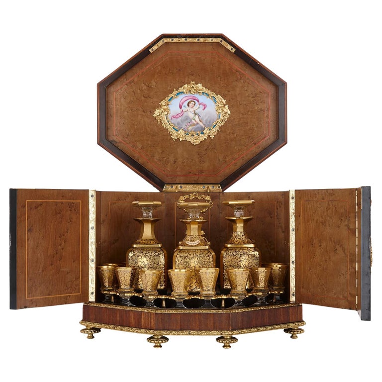 Very Fine Gilt Glass Liquor Set with Ormolu and Porcelain Mounted Case