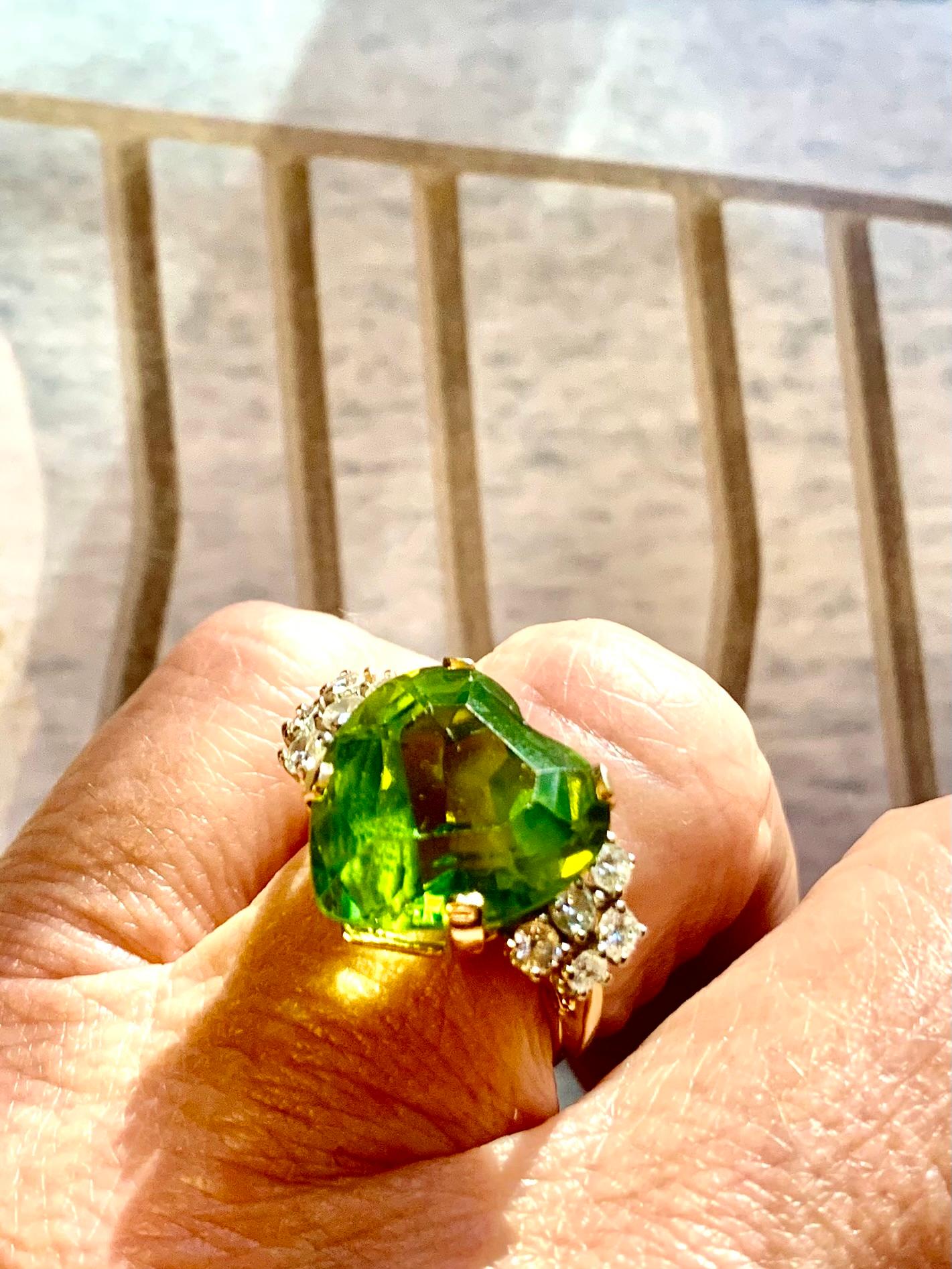 Very Fine Heart Shaped 10.5 TCW Peridot Diamond 14K Yellow Gold Ring For Sale 9