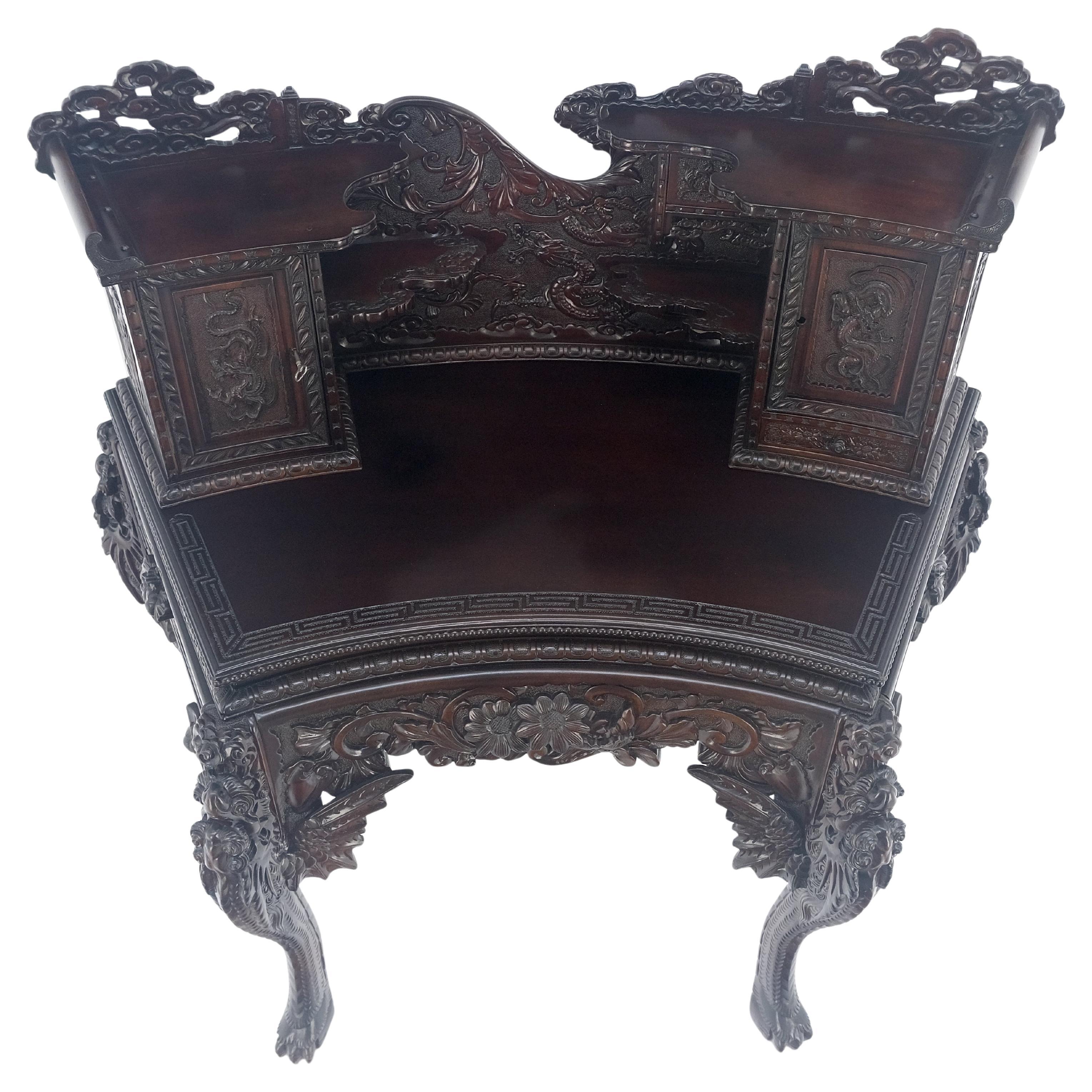 Very Fine Heavily Carved Solid Mahogany Japanese Curved Desk Multiple Drawers