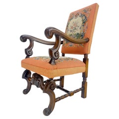 Very Fine Heavily Carved Walnut Needle Point c1900s Upholstery Armchair Throne
