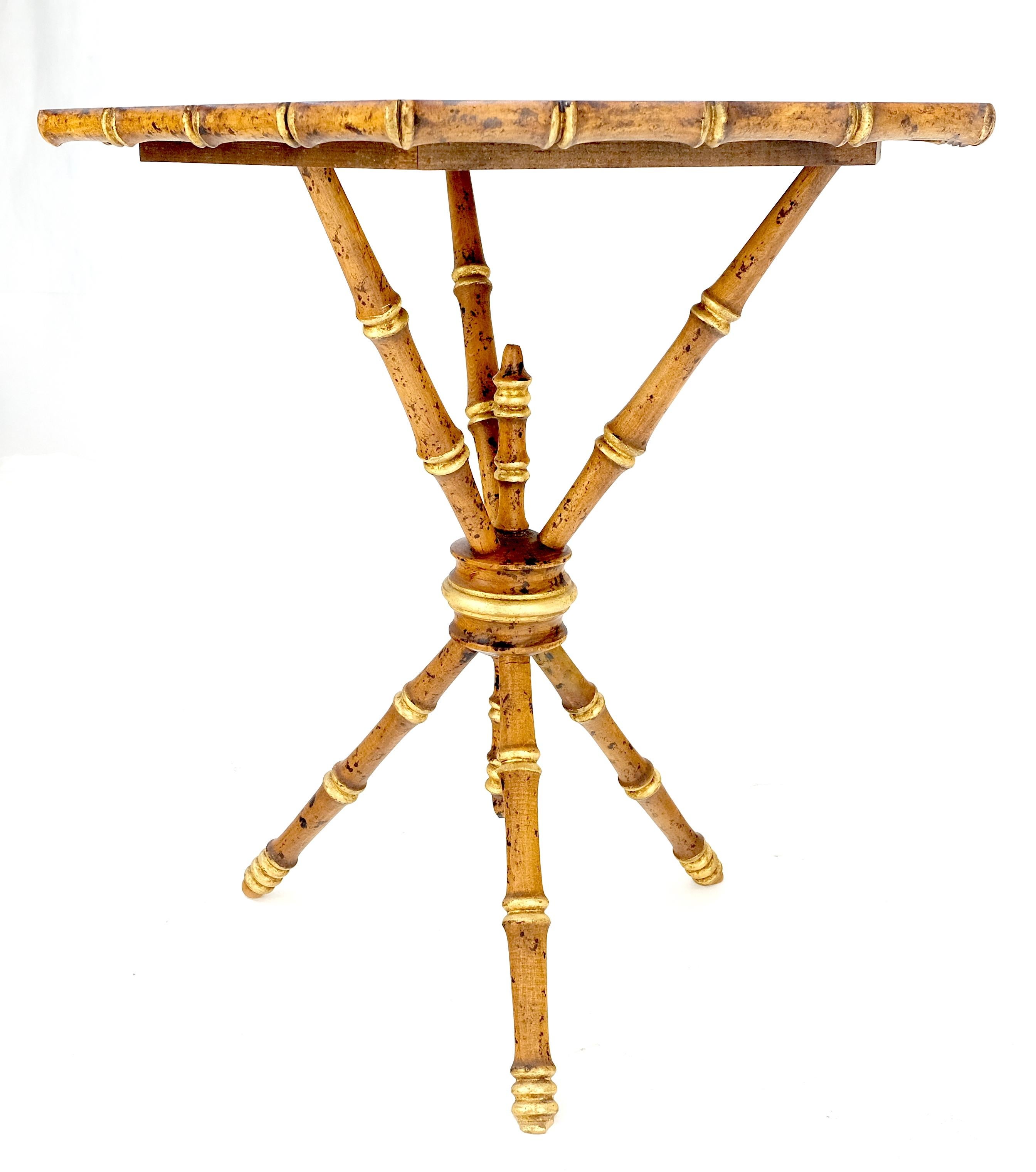 Very Fine Hexagon Shape Tripod Base Faux Burnt Bamboo Side Lamp Table Stand MINT For Sale 3
