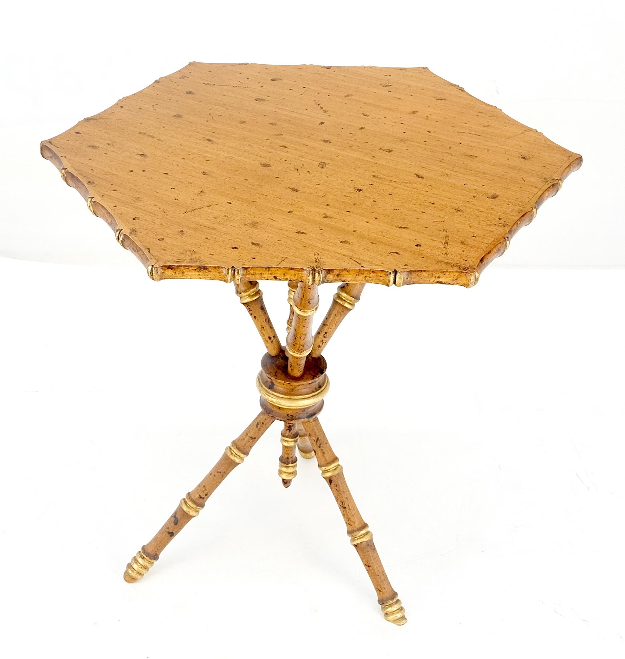 American Very Fine Hexagon Shape Tripod Base Faux Burnt Bamboo Side Lamp Table Stand MINT For Sale