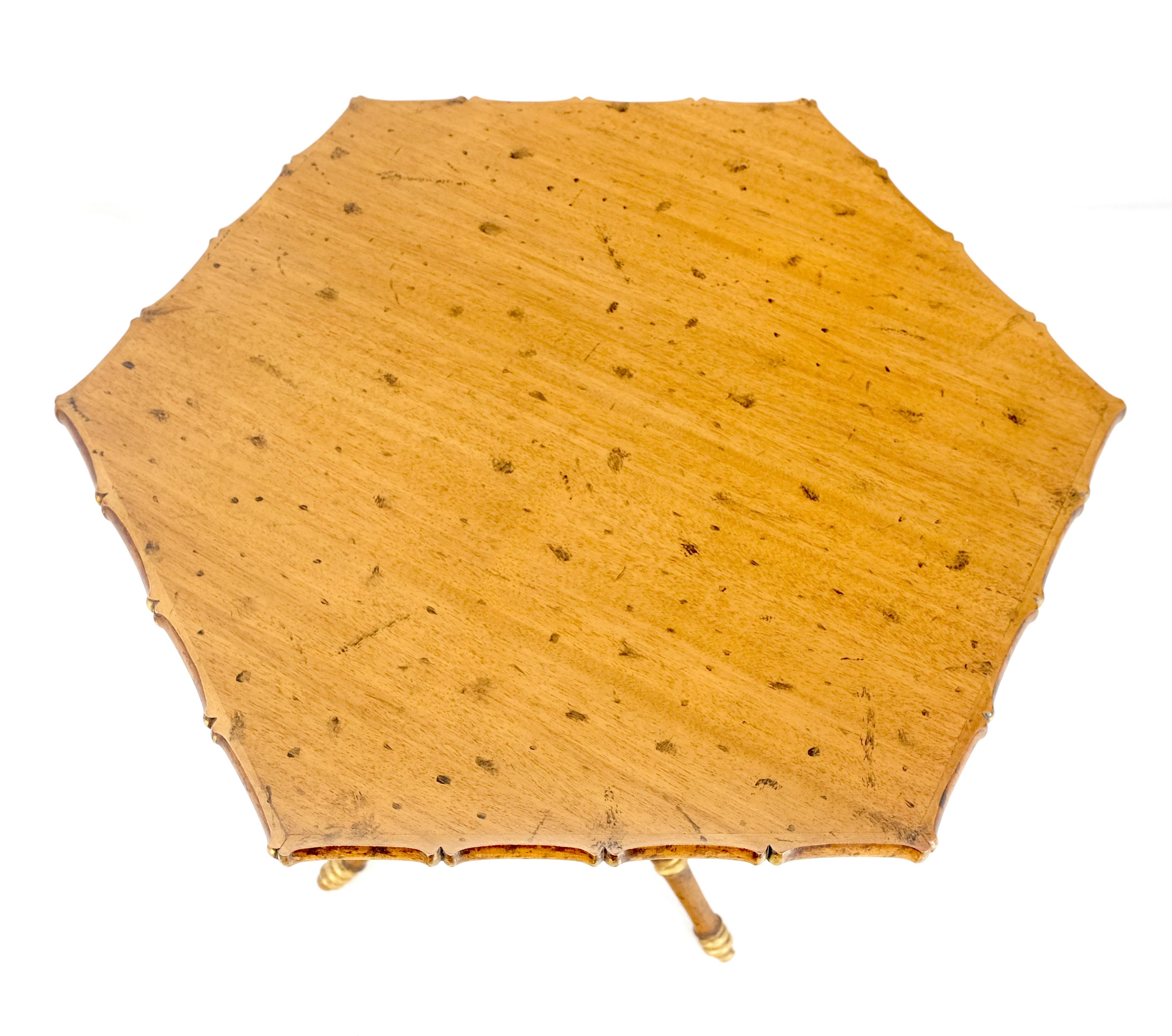 Hand-Painted Very Fine Hexagon Shape Tripod Base Faux Burnt Bamboo Side Lamp Table Stand MINT For Sale