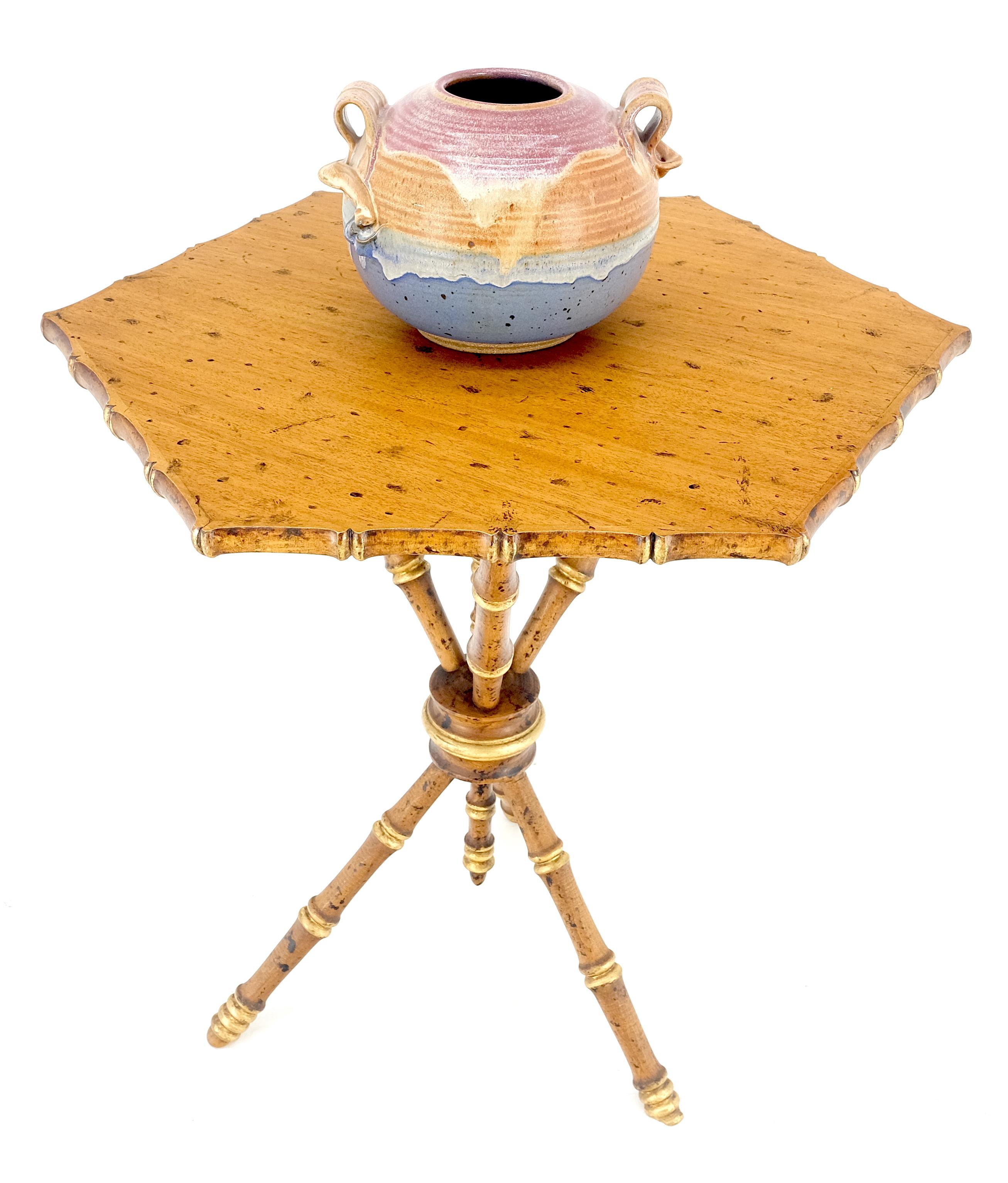 Faux Bamboo Very Fine Hexagon Shape Tripod Base Faux Burnt Bamboo Side Lamp Table Stand MINT For Sale