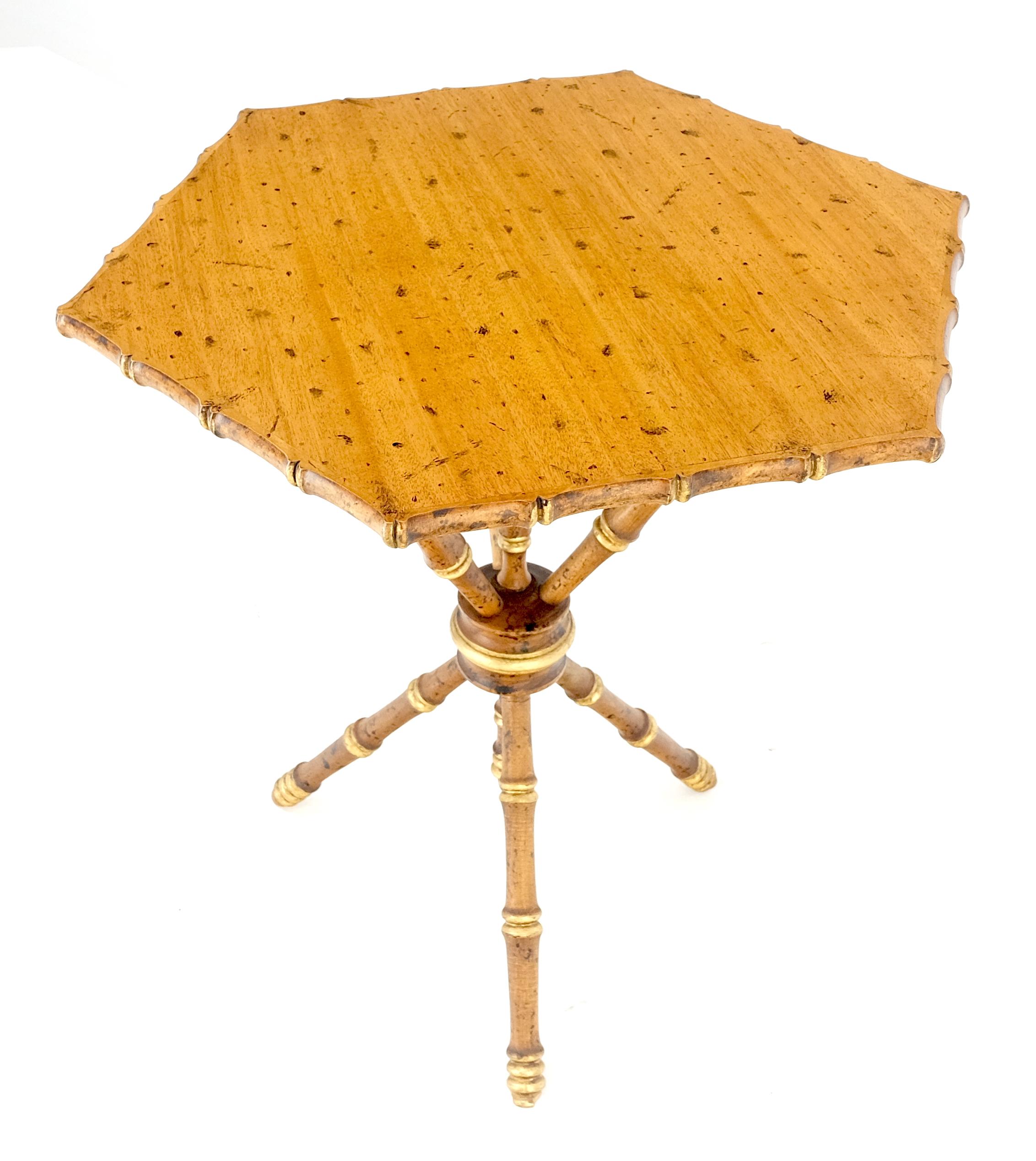 Very Fine Hexagon Shape Tripod Base Faux Burnt Bamboo Side Lamp Table Stand MINT For Sale 2