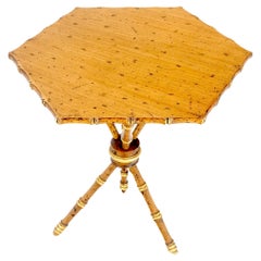Very Fine Hexagon Shape Tripod Base Faux Burnt Bamboo Side Lamp Table Stand MINT