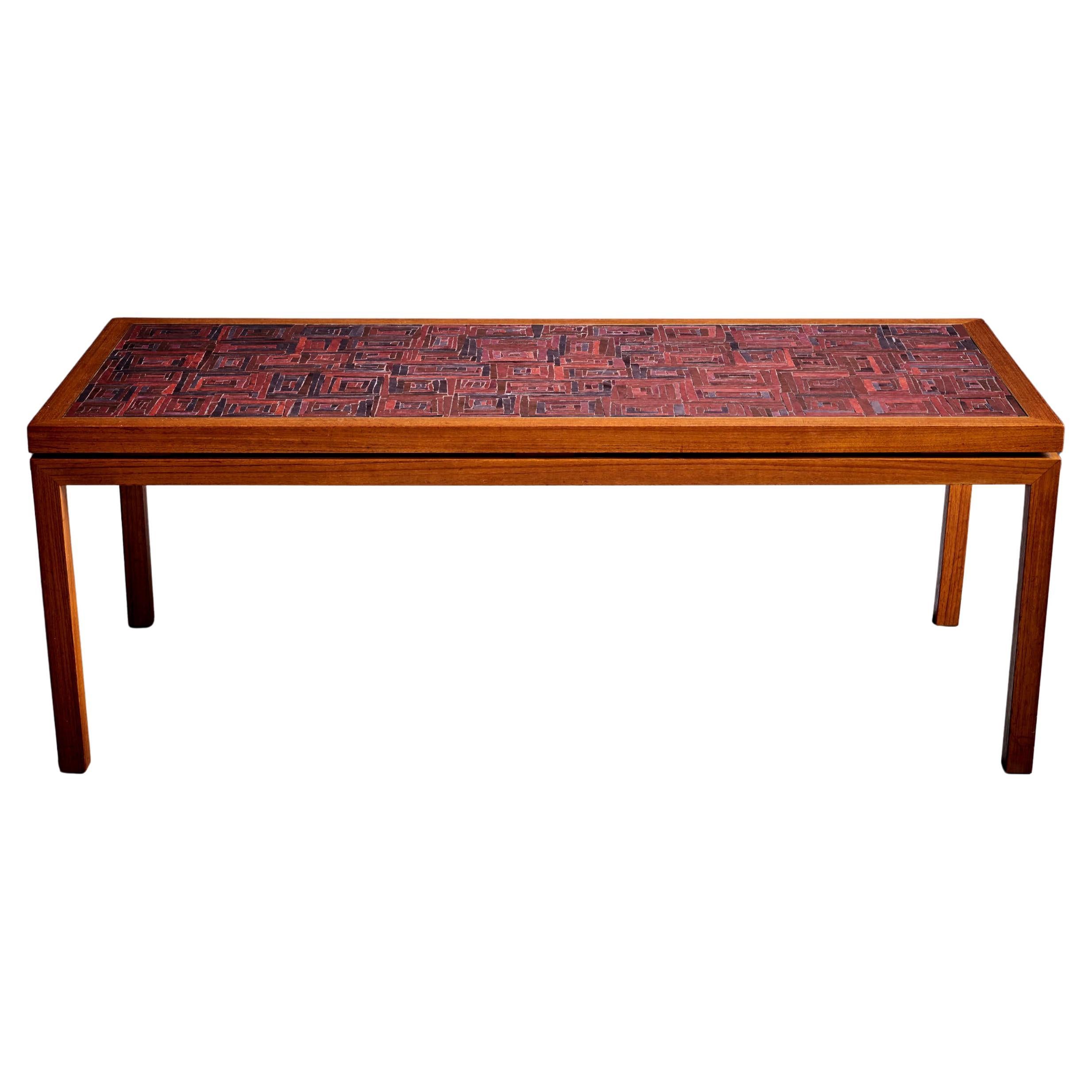 Very Fine high quality solid teak and brass inlay framed German Mosaik Coffee table.  Incredible richness to the mosaik. 