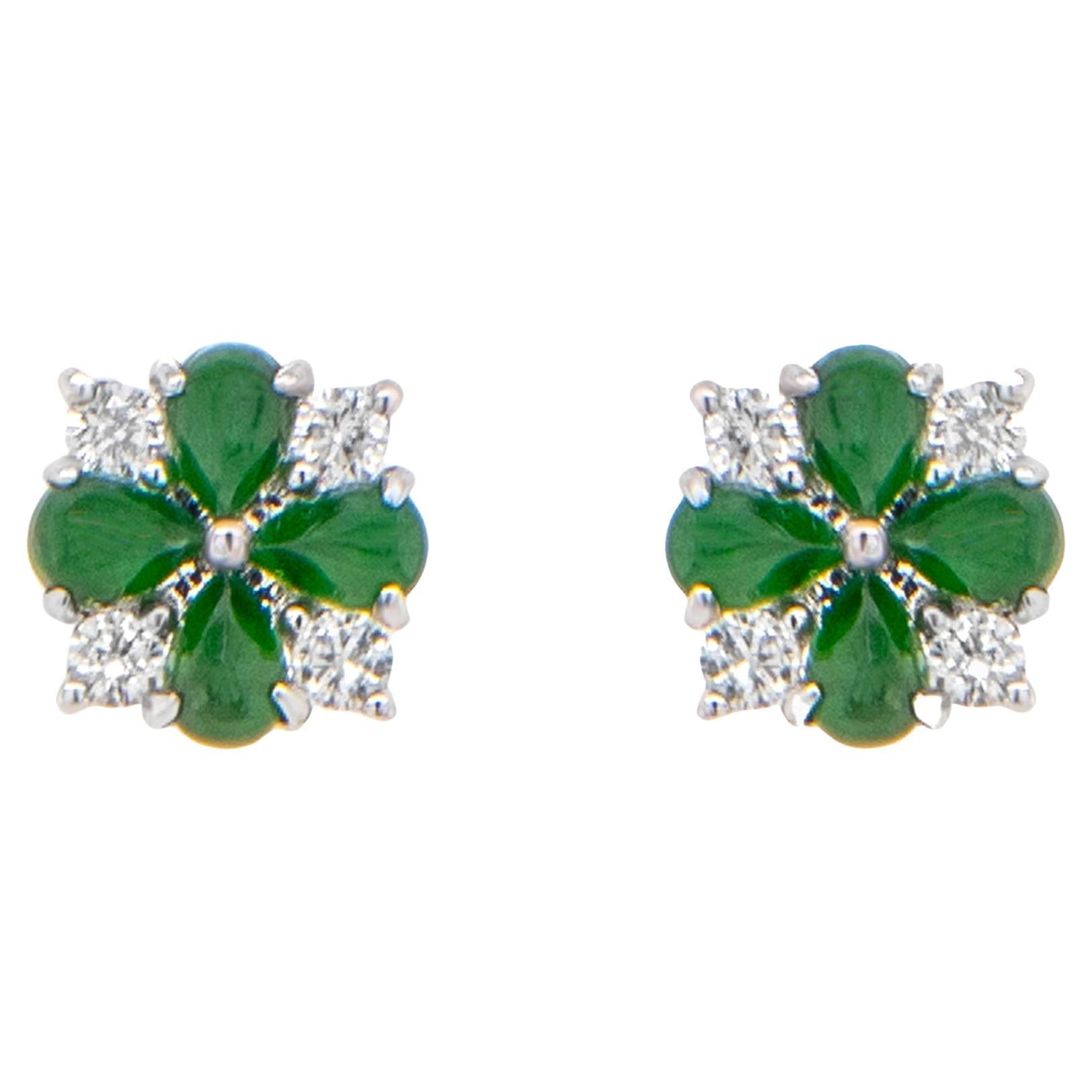 Contemporary Very Fine Imperial Jade and Diamond Stud Earrings 18k White Gold
