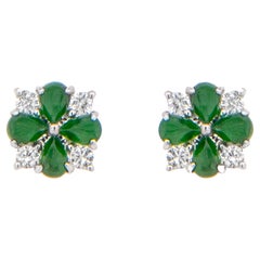 Very Fine Imperial Jade and Diamond Stud Earrings 18k White Gold
