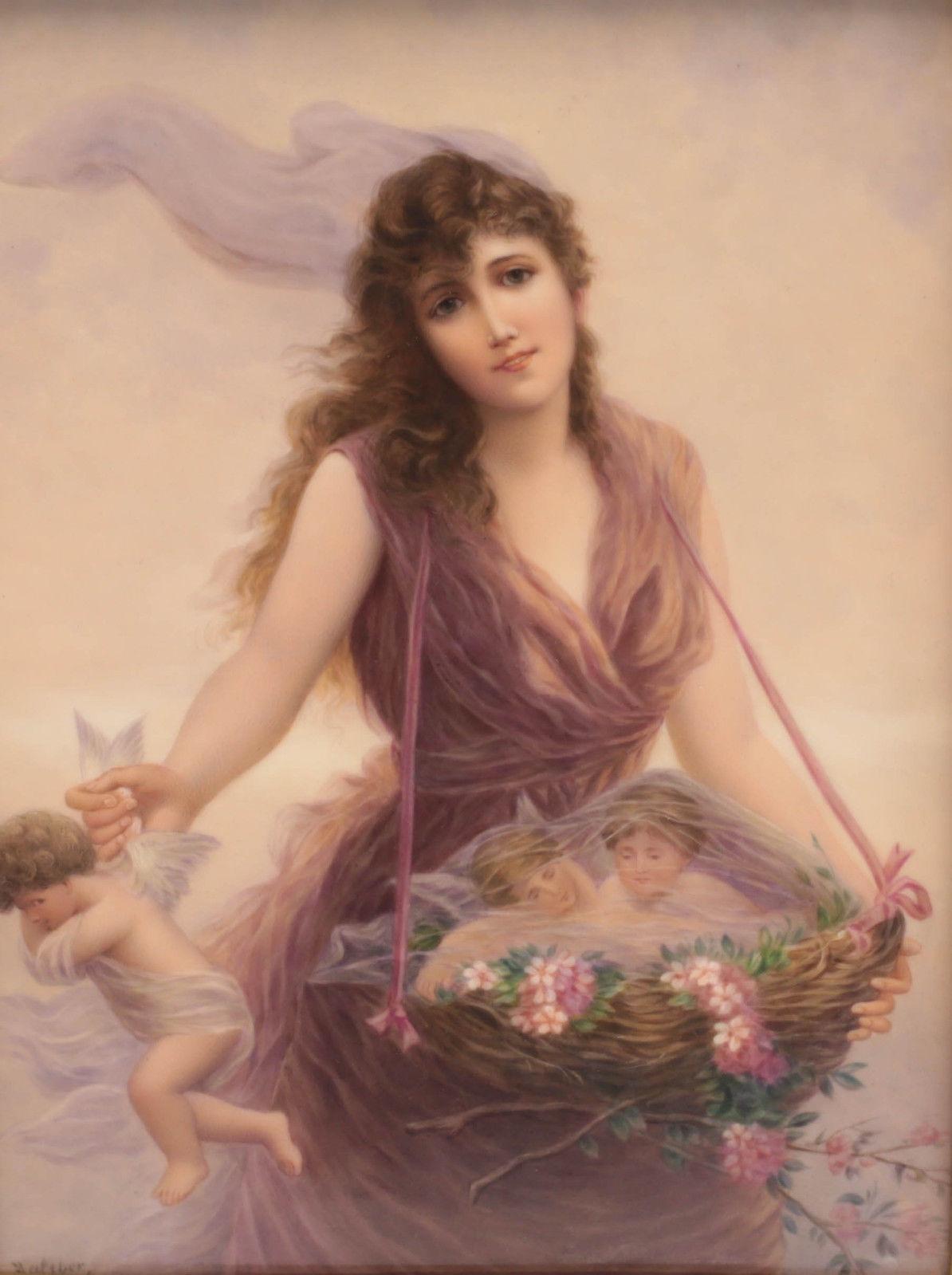 A very fine KPM hand painted porcelain plaque of a beauty and cherubs, circa 1890. The porcelain plaque depicts an ethereal brunette beauty collecting cherubs with her straw nest basket. Signed 