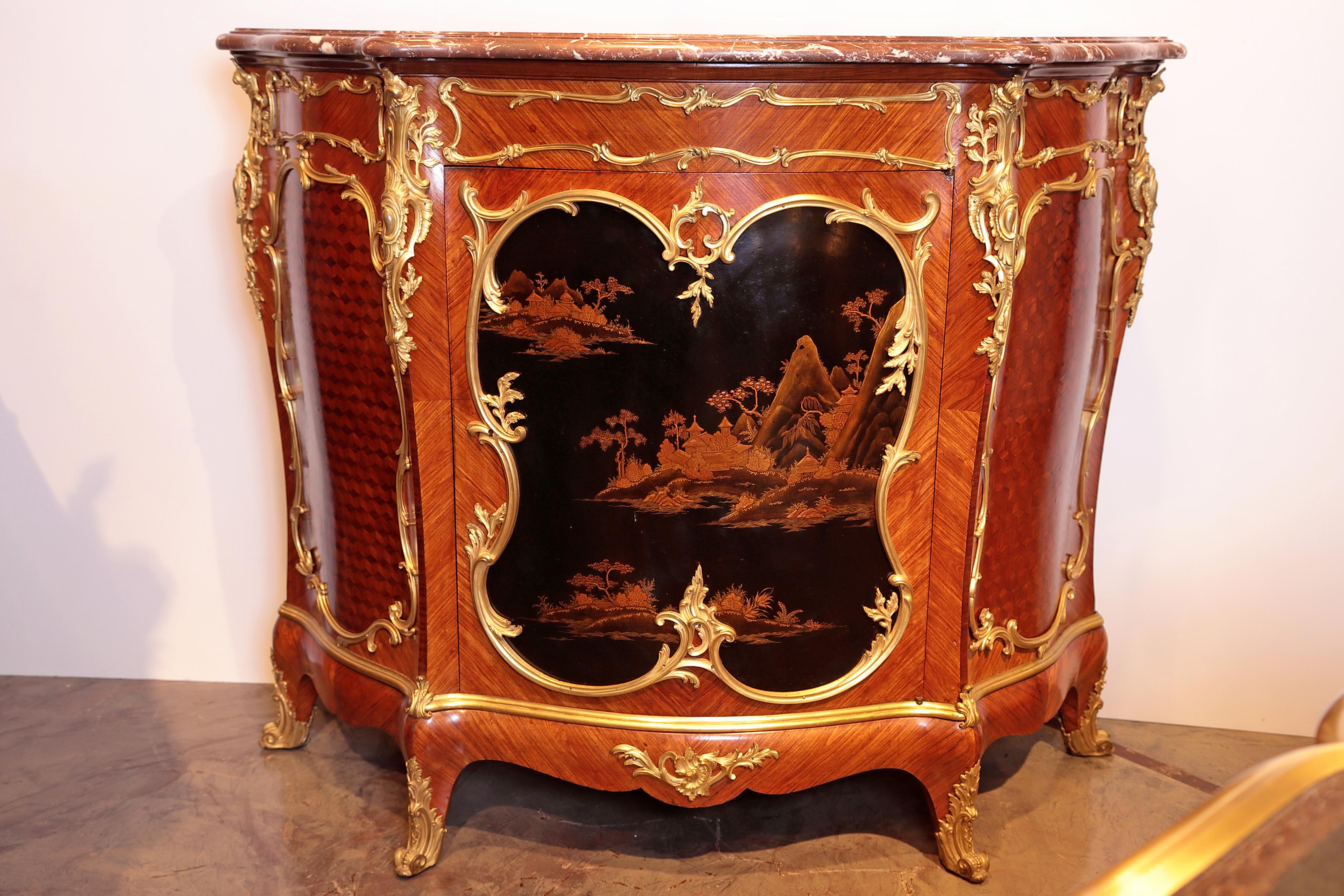 
Very fine Lacquer Chiniosiere Side Cabinet by Raulin, Paris, circa 1880
Gilt-bronze mounted tulipwood cabinet with a shaped rectangular marble top above a cupboard door inset with a lacquer landscape panel with gilt decoration on a black ground,