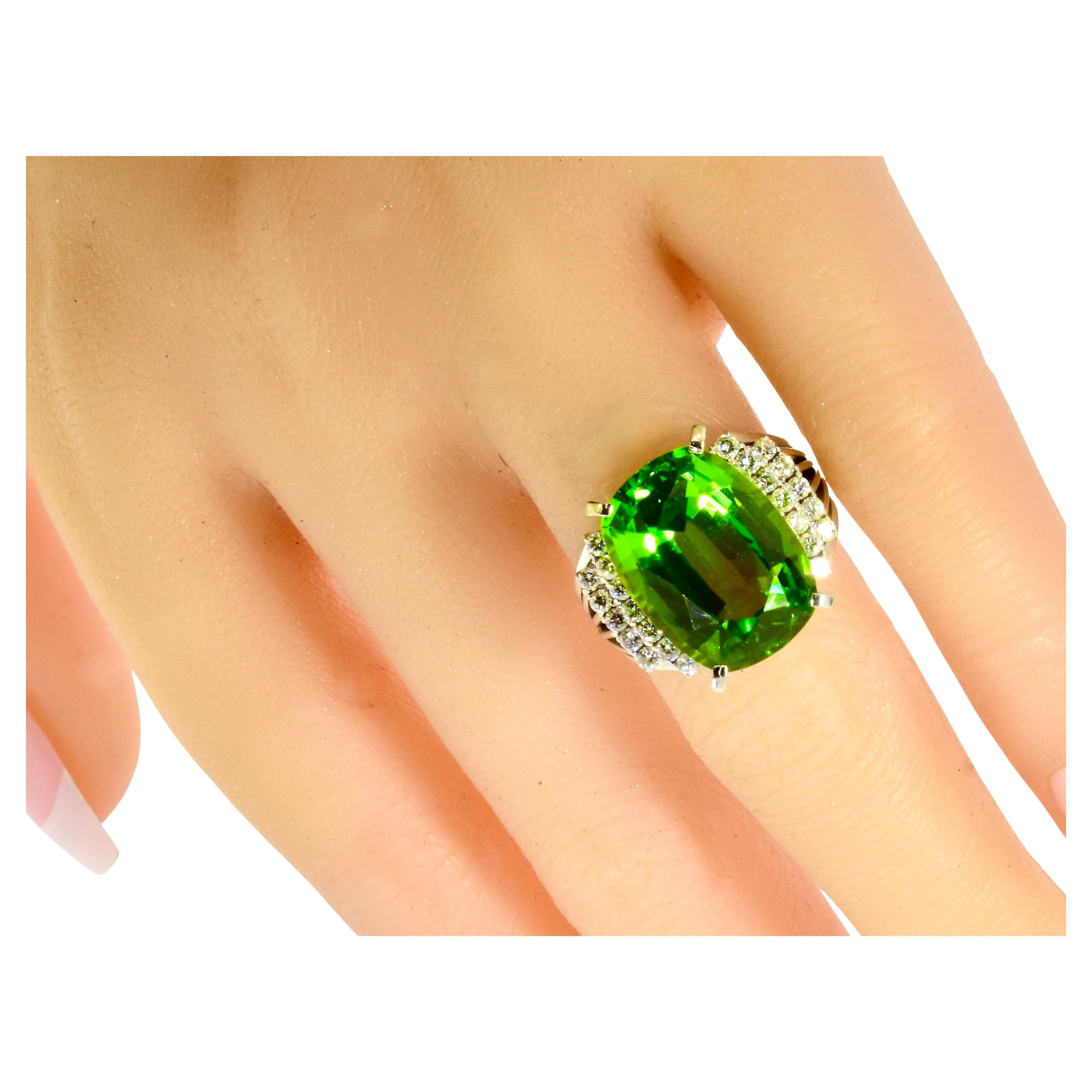 Very Fine Large Peridot, 11.93 cts., Diamond and Platinum Retro Vintage Ring