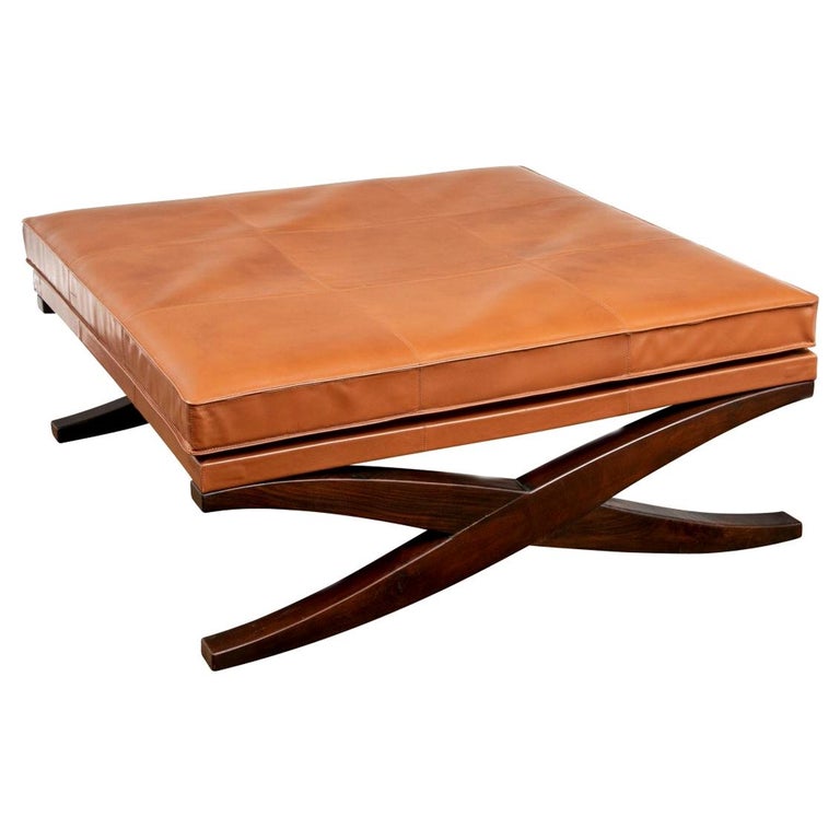 Fine Leather Top X Base Table Ottoman, Caramel Colored Leather Ottoman